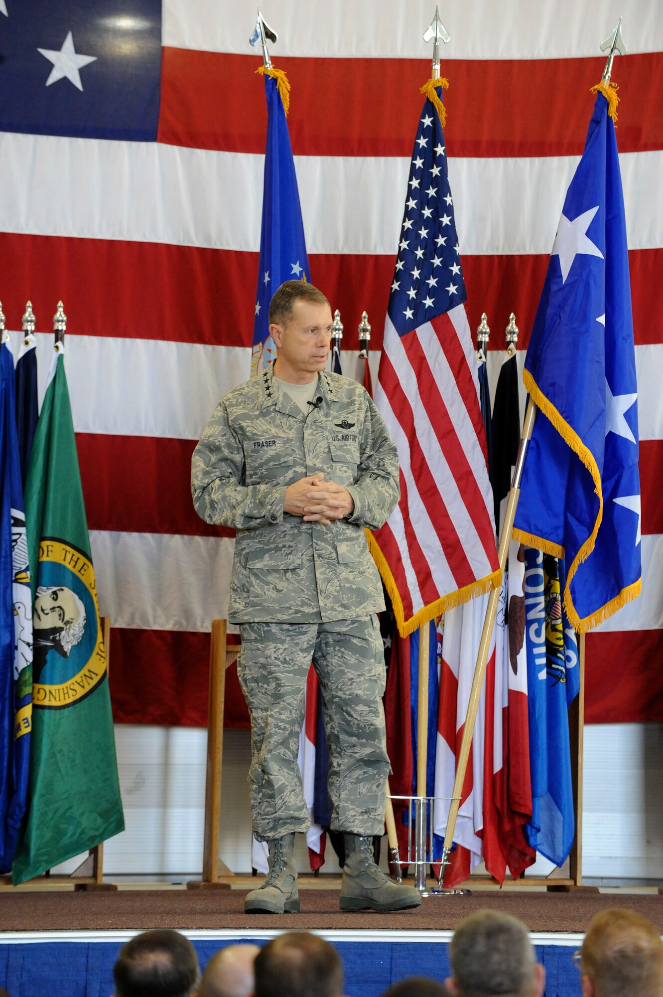 MINOT AIR FORCE BASE, N.D. -- Gen. William M. Fraser III, Air Combat Command commander, speaks at an all-call here Nov. 16. General Fraser visited Minot AFB to thank everybody for what they’re doing and to reemphasize the criticality of the mission at Minot. (U.S. Air Force photo by Senior Airman Matthew Smith)