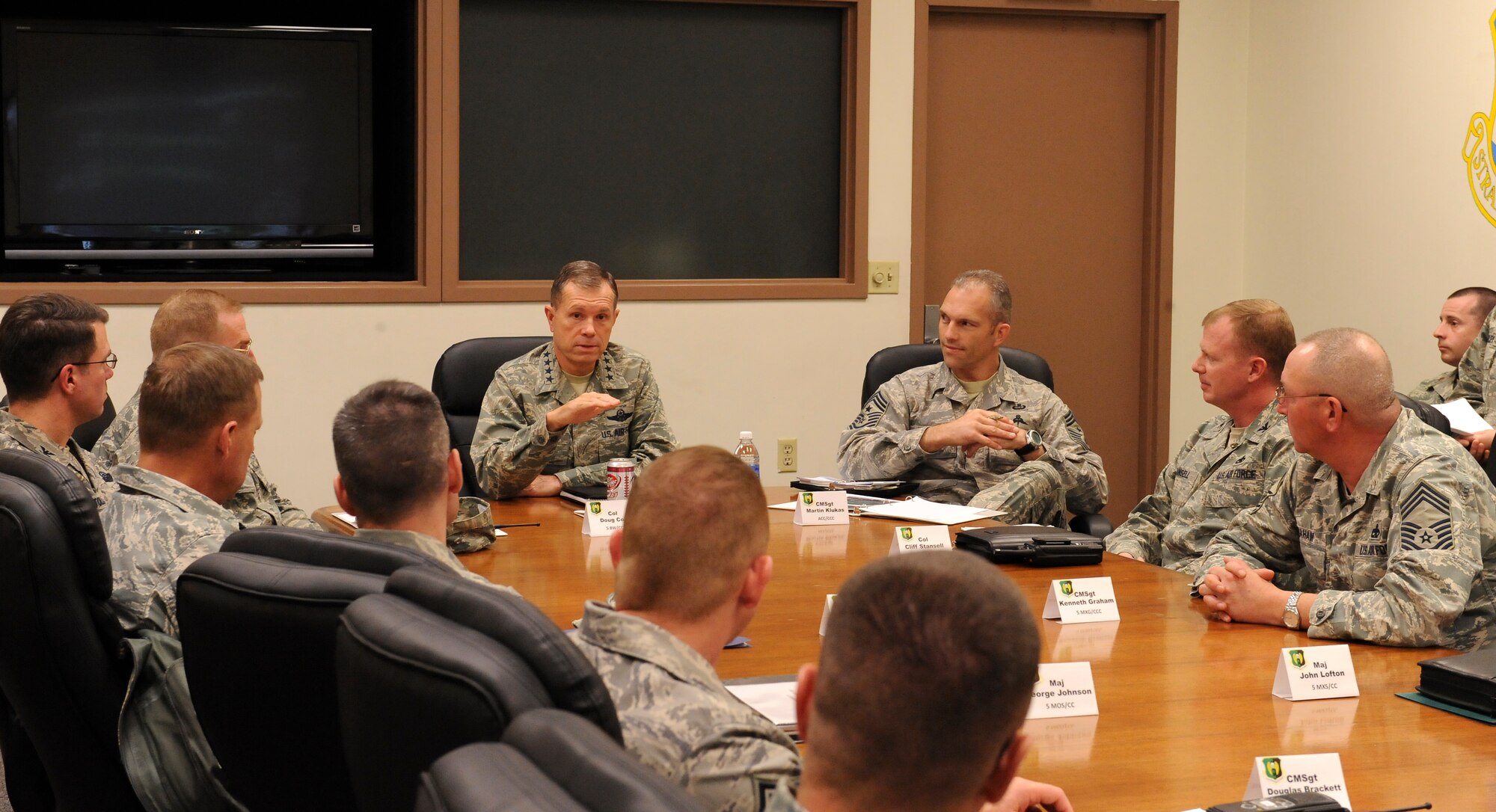 MINOT AIR FORCE BASE, N.D. -- Gen. William M. Fraser III, Air Combat Command commander, speaks at a 5th Maintenance Group briefing here Nov. 16. General Fraser visited Minot AFB to thank everybody for what they’re doing and to reemphasize the criticality of the mission at Minot. (U.S. Air Force photo by Senior Airman Matthew Smith)