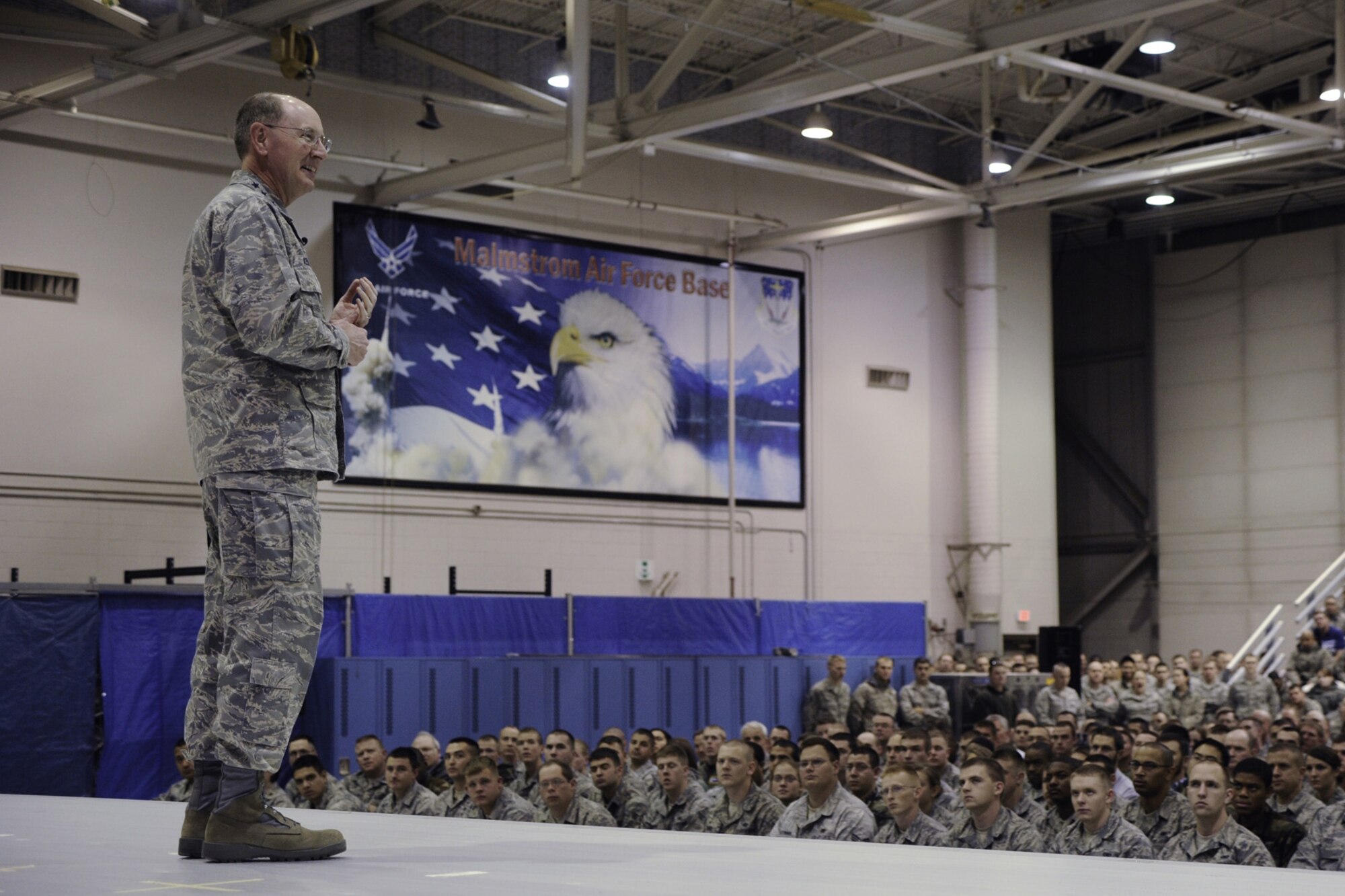 Gen. C. Robert Kehler, Air Force Space Command commander,  addresses members of the 341st Missile Wing during an all-call Nov. 12, 2009,  (U.S. Air Force photo by Beau Wade).