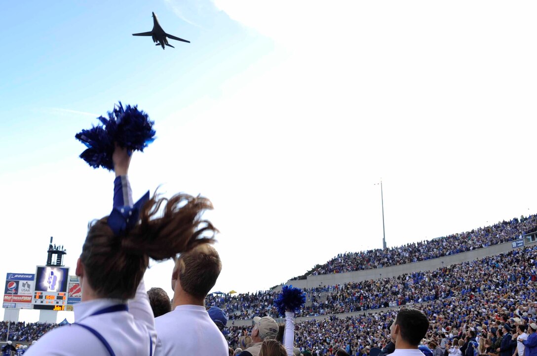 AIR FORCE ACADEMY, C.O.-- A B-1B Lancer flies over Falcon Stadium during the Army versus Air Force game, Nov. 7. Pre-game fly bys from Air Force aircraft is a celebrated tradition at Falcon Stadium. (U.S. Air Force photo/Airman 1st Class Corey Hook)

