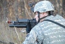 Staff Sgt. Robert Rahn, fire team member with the 115th Fighter Wing Security Forces establishes a defensive position from which to provide cover fire during a combat training exercise at Volk Field, Air National Guard Base, Camp Douglas, Wis. Nov. 7, 2009. The Madison, Wis. based 115th Security Forces Squadron engaged in a variety of combat training exercises as part of their November Unit Training Assembly. (U.S. Air Force photo by Master Sgt. Paul Gorman)