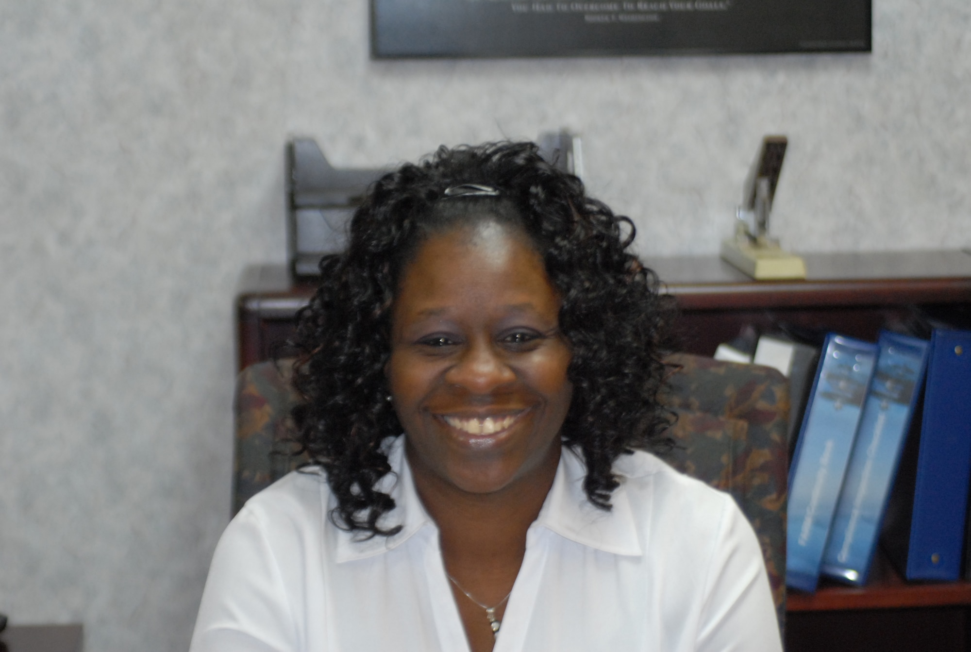 Vette Berrian, wife of Major Scot Berrian, 43rd Civil Engineer Squadron Commander, helped to take care of her husband’s CES family recently and earned her the Wing Key Spouse of the Year award. (U.S. Photo by Rhonda Griffin)