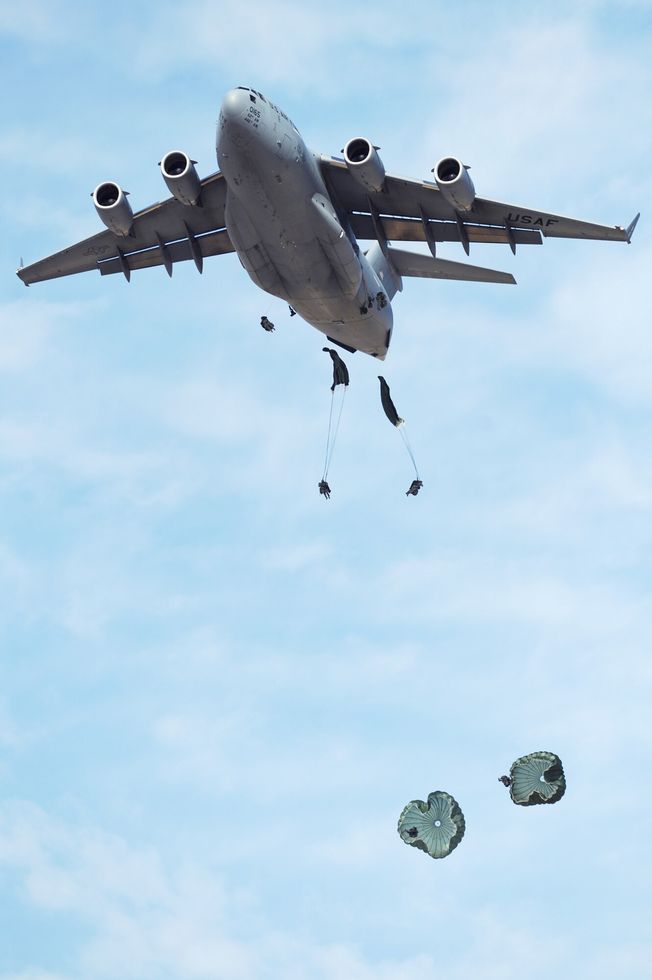From a C-17 Globemaster III, Soldiers from the 173rd Calvary Airborne Reconnaissance Squadron at Fort Bragg, N.C., jump into the urban operations complex during a Mobility Air Forces Exercise, Nov. 18, 2009, at the Nevada Test and Training Range near Nellis Air Force Base.  In addition to providing airdrop training, the exercise also allows Soldiers the opportunity to use range facilities to conduct urban ground operations training. (U.S. Air Force photo/Tech. Sgt. Michael R. Holzworth)