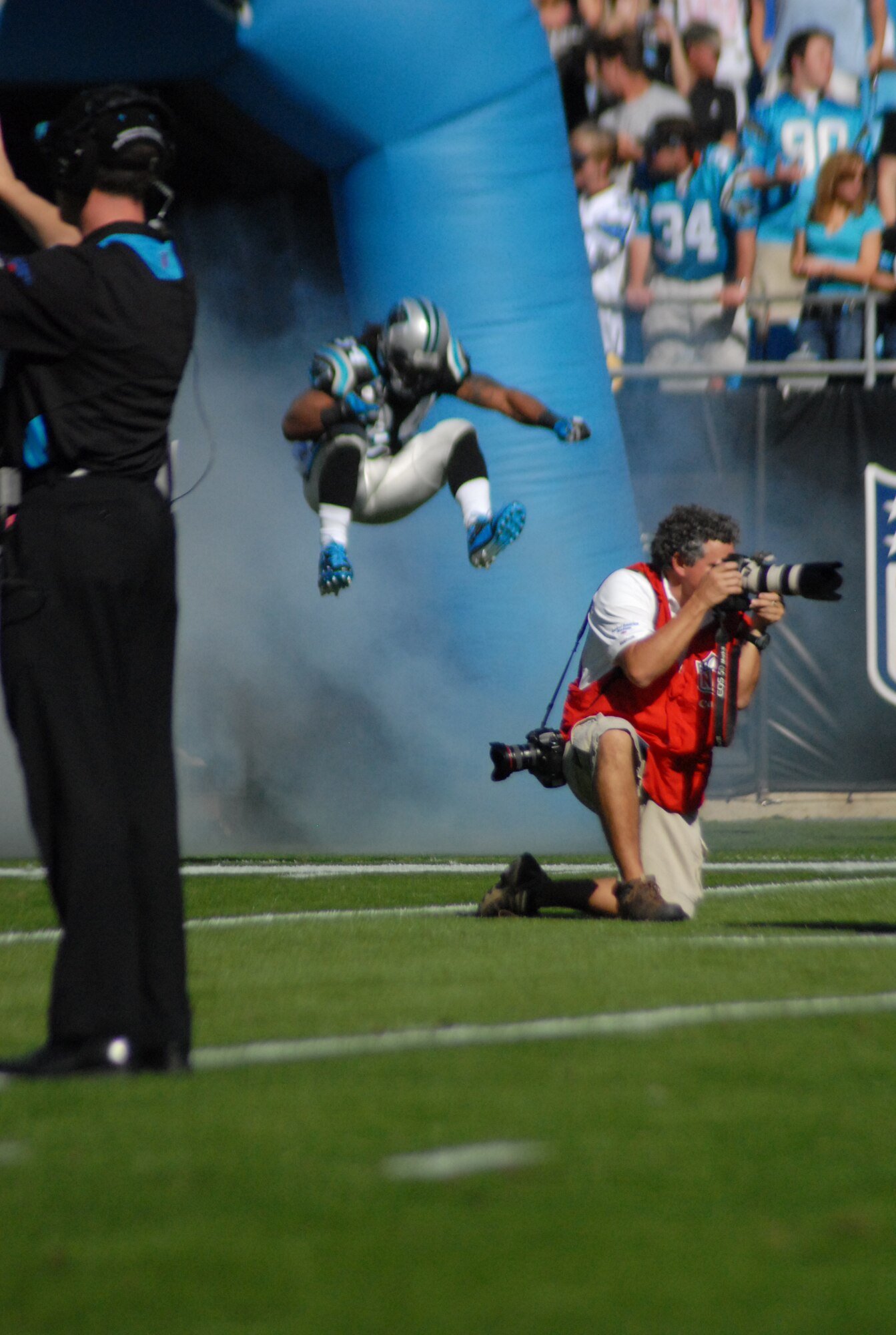 Master Sgt. Dwayne Harris, 43rd Logistics Readiness Squadron, was selected to participate in Operation Game Day at the Carolina Panthers vs. Atlanta Falcons game in Charlotte, N.C. Nov. 15. Operation Game Day was created to recognize and honor servicemembers from the Air Force, Army, Marines, Navy and Coast Guard. A local high school sang the National Anthem. (U.S. Air Force Photo by 2nd Lt. Cammie Quinn)