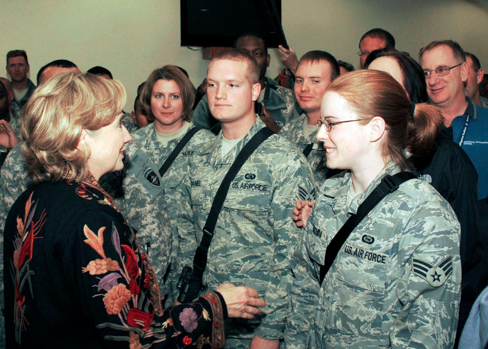 Secretary of State Hillary Rodman Clinton shakes hands with United States civilian and military personnel after a speech she gave Nov. 19, 2009, at the ISAF Joint Command located at the North Kabul International Airport military compound. Secretary Clinton talked about the sacrifices of the servicemembers and thanked them for their service. She wished everyone a happy Thanksgiving. (ISAF Joint Command photo/Master Sgt. Matthew Millson)