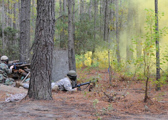 Airmen respond during the Expeditionary Combat Skills Training field exercise at Charleston AFB Nov. 18. The FTX is the final test of all the skills acquired during the ECST course.  (U.S. Air Force photo/Senior Airman Katie Gieratz)(RELEASED)