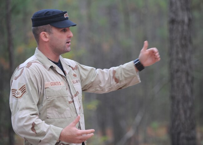 Staff Sgt. Justin Coates instructs a class during the Expeditionary Combat Skills Training at Charleston AFB Nov. 17. The main goal of ECST is to provide the knowledge and training needed for a successful deployment. Sergeant Coates is the ECST lead instructor and is with the 437th Security Forces Squadron. (U.S. Air Force photo/Senior Airman Katie Gieratz)(RELEASED)