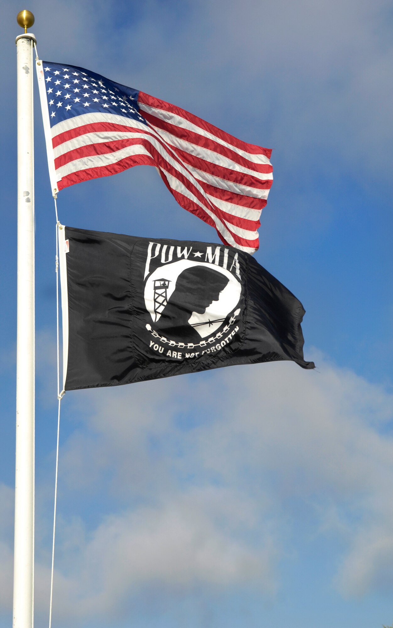 VANDENBERG AIR FORCE BASE, Calif. -- The American flag and POW/MIA flag wave gracefully in the air during a POW/MIA ceremony here Saturday Nov. 14, 2009. The non-stop reading of POW and MIA names led from 2 p.m. on Nov. 13 and ended before the POW/MIA Ceremony began at 2 p.m. on Nov. 14. (U.S. Air Force Photo/ by Airman 1st Class Andrew Lee)











