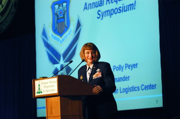 Maj. Gen. Polly Peyer, Warner Robins Air Logistics Center commander, opens the Requirements Symposium with a briefing Nov. 18. (Air Force photo by Sue Sapp)
