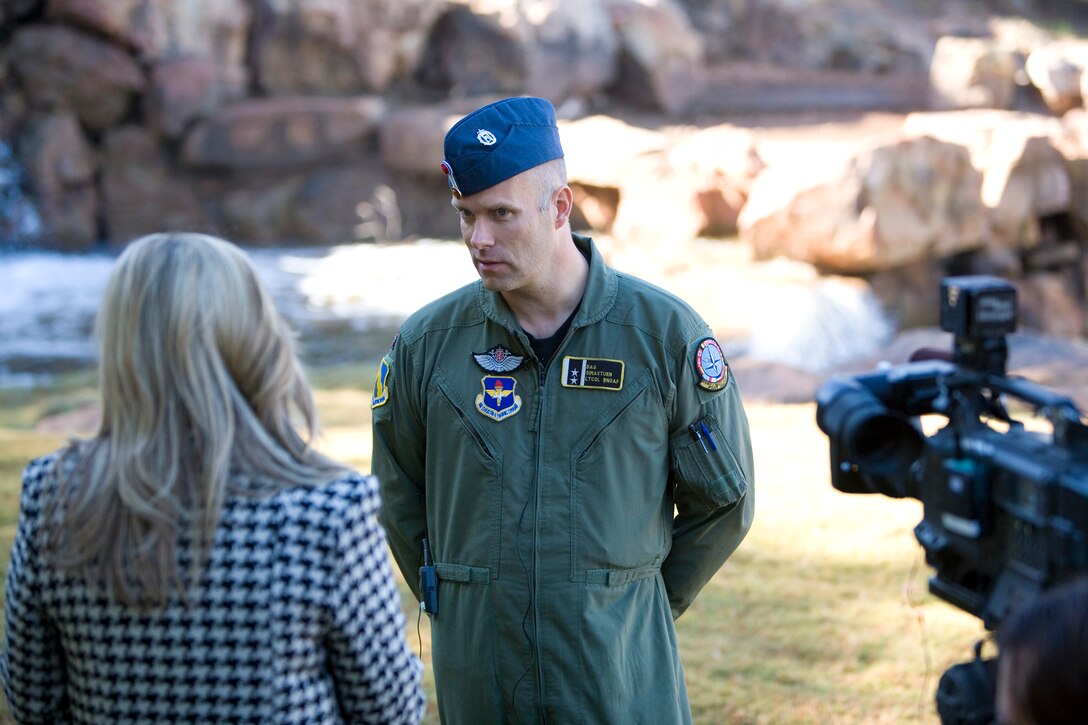 Lt. Col. Dag Simastuen, the senior national representative for the Norwegian air force at the Euro-NATO Joint Jet Pilot Training Program at Sheppard, answers questions Nov. 18 during an interview with KAUZ News Channel 6 reporter Lindsey Rogers about the country's participation in the multi-national pilot training organization. In addition to Norway's participation in the program, they discussed the multiple roles members of the ENJJPT international community play here in Wichita Falls from Junior League volunteers to teaching in the local schools. The segment will air Nov. 19. (U.S. Air Force photo/Lt. Col. Ternell Washington)
