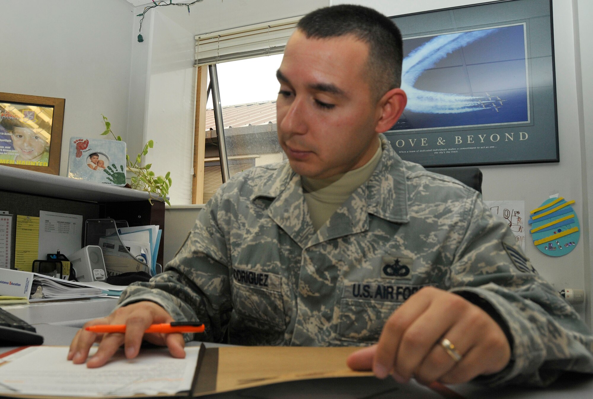 Staff Sgt. Manny Rodriguez, 48th Security Forces Squadron, Unit Intro manager was nominated for the Liberty Spotlight by his chain of command because he portrays the Air Force core value of "Excellence in All We Do." (U.S. Air Force photo/Airman 1st Class Eboni Knox) 
