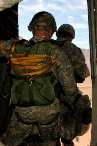 Soldiers with the 82nd Airborne Division out of Fort Bragg, N.C., prepare to jump out of a Charleston C-17 during the Mobility Air Forces Exercise Nov. 18. More than 40 mobility aircraft and 400 soldiers from the 82 AD participated in the exercise to provide realistic training for mobility air forces and Army partners for both ongoing operations and future contingencies. (U.S. Air Force photo/Staff Sgt. Marie Brown)