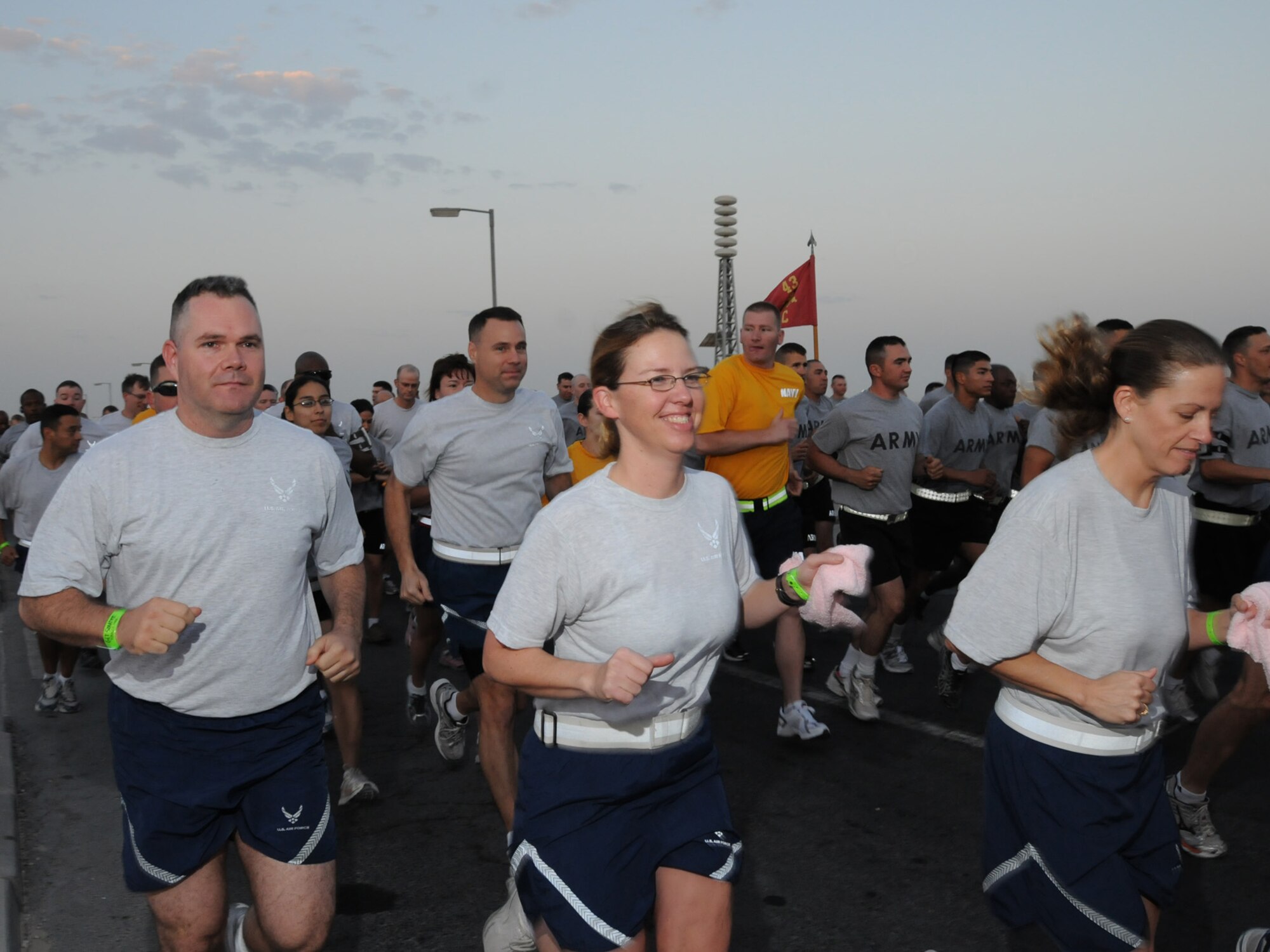 Deployed servicemembers participate in a 5K run as part of the Great Desert Smoke-Out in Southwest Asia, Nov. 19, 2009. The Great Desert Smoke-Out, inspired by the Great American Smoke-Out, encourages deployed personnel to stop smoking for one day with the goal of quitting permanently.
(U.S. Air Force Photo/Tech. Sgt. Jason W. Edwards)
