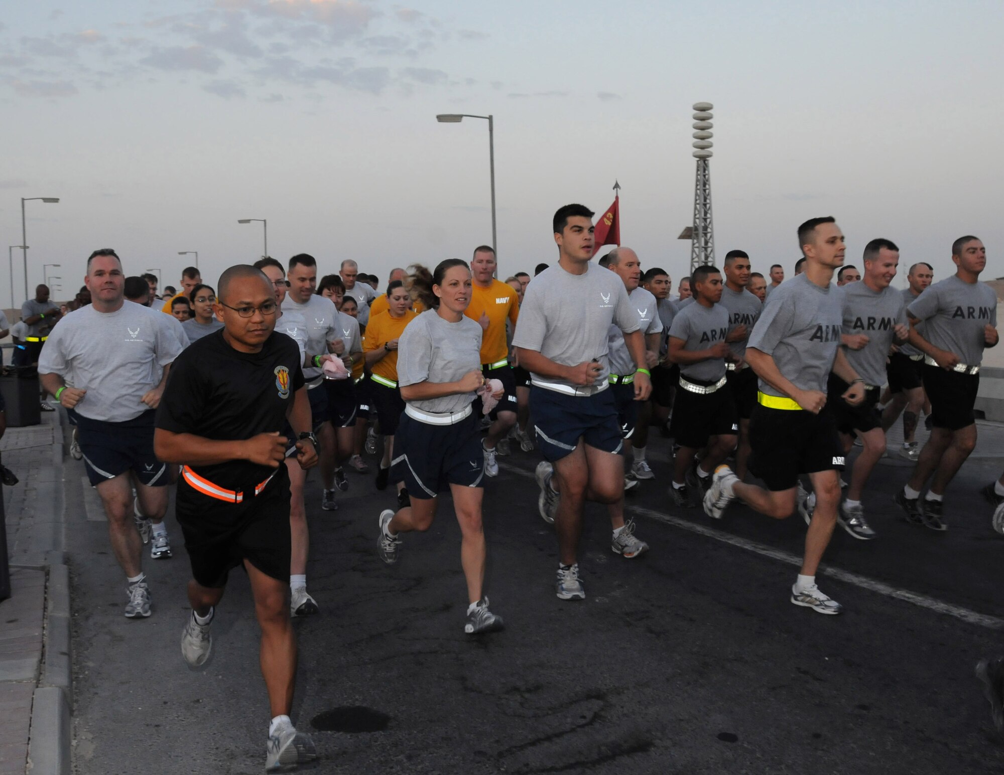 Deployed servicemembers participate in a 5K run as part of the Great Desert Smoke-Out in Southwest Asia, Nov. 19, 2009. The Great Desert Smoke-Out, inspired by the Great American Smoke-Out, encourages deployed personnel to stop smoking for one day with the goal of quitting permanently.
(U.S. Air Force Photo/Tech. Sgt. Jason W. Edwards)