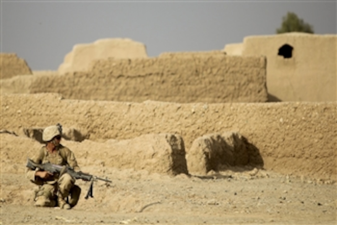 U.S. Marine Corps Lance Cpl. Kevin Williams, with Combined Anti-Armor Team 2, 1st Battalion, 5th Marine Regiment, provides security while conducting a security patrol in the Nawa district of the Helmand province, Afghanistan, on Nov. 4, 2009.  The 1st Battalion, 5th Marine Regiment is a ground combat element deployed with Regimental Combat Team 7, which conducts counterinsurgency operations in partnership with Afghan National Security Forces in southern Afghanistan.  