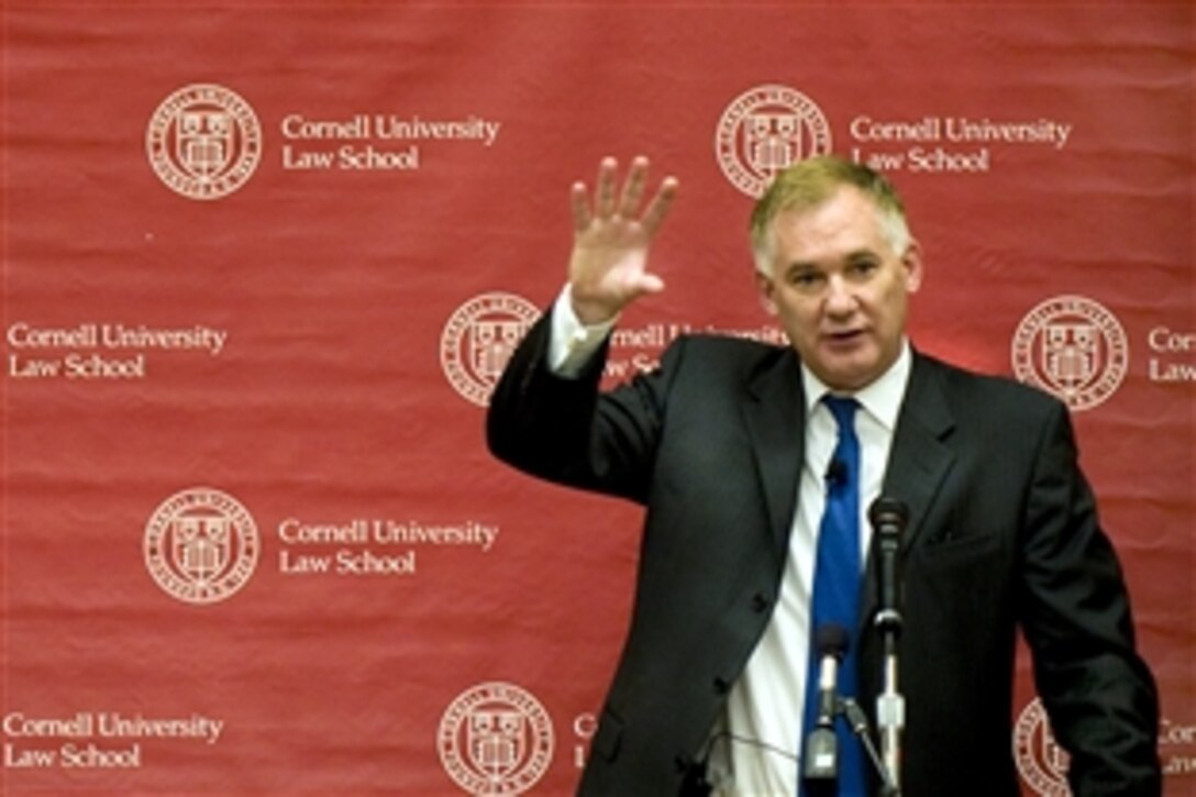 Deputy Defense Secretary William J. Lynn III delivers remarks on the topics of detainee affairs and cyber security to about 100 law students from the International Security and Law Society at Cornell University Law School in Ithaca, N.Y., Nov. 18, 2009.