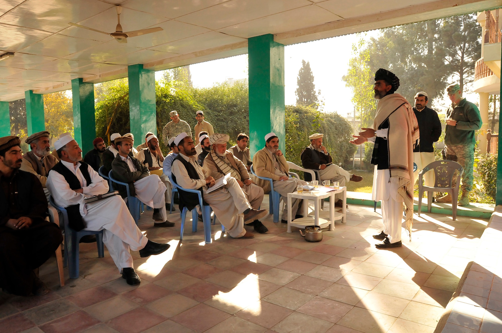 KHOST PROVINCE, Afghanistan - Local leaders, engineers, construction contractors, and foremen listen as Hamid Sha, director of economics for Khost province, speaks during a monthly contractor training session held at the Civil Military Operations Center, Khost province, Afghanistan recently. Engineers from the Khost Provincial Reconstruction Team provided construction quality assurance training to locals in order to facilitate high quality construction practices in the region. (U.S. Air Force photo/Staff Sgt. Stephen J. Otero)