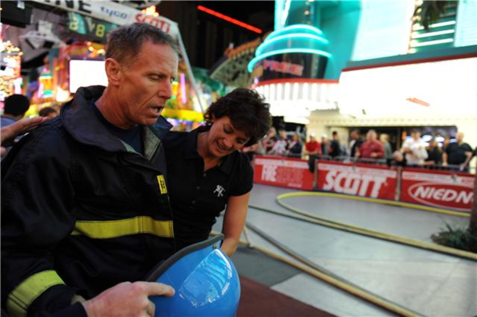 Dave Chiodo grabs his breath after completing the individual relay event Nov. 19, 2009, at the Scott Firefighter Combat Challenge in Las Vegas. Mr. Chiodo is a firefighter at Travis Air Force Base, Calif. (U.S. Air Force photo/Staff Sgt. Desiree N. Palacios)