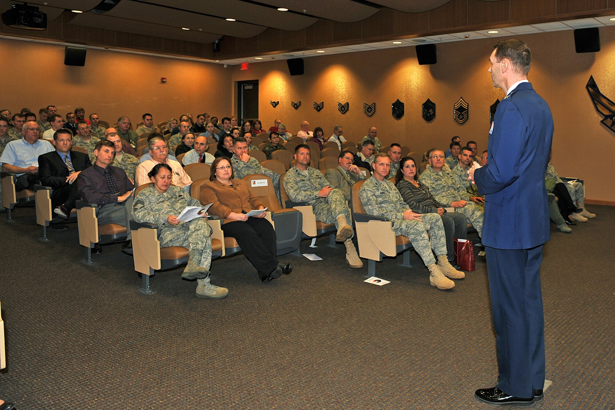 OFFUTT AIR FORCE BASE, Neb. ? Co.l John M. Egentowich, 2nd Weather Group commander, speaks to Offutt team members during the 16th Weather Squadron's reactivation ceremony here Nov. 18 at the Air Force Weather Agency auditorium.  In July of 1959, the 16th WS was reactivated at Ft. Monroe, Va. and assigned to the 2nd WXG. Operations continued until the squadron was deactivated in October 1976. After 33 years, the 16th WS was reactivated at Offutt and for the second time assigned to the 2nd WXG. U.S. Air Force photo by Charles Haymond
