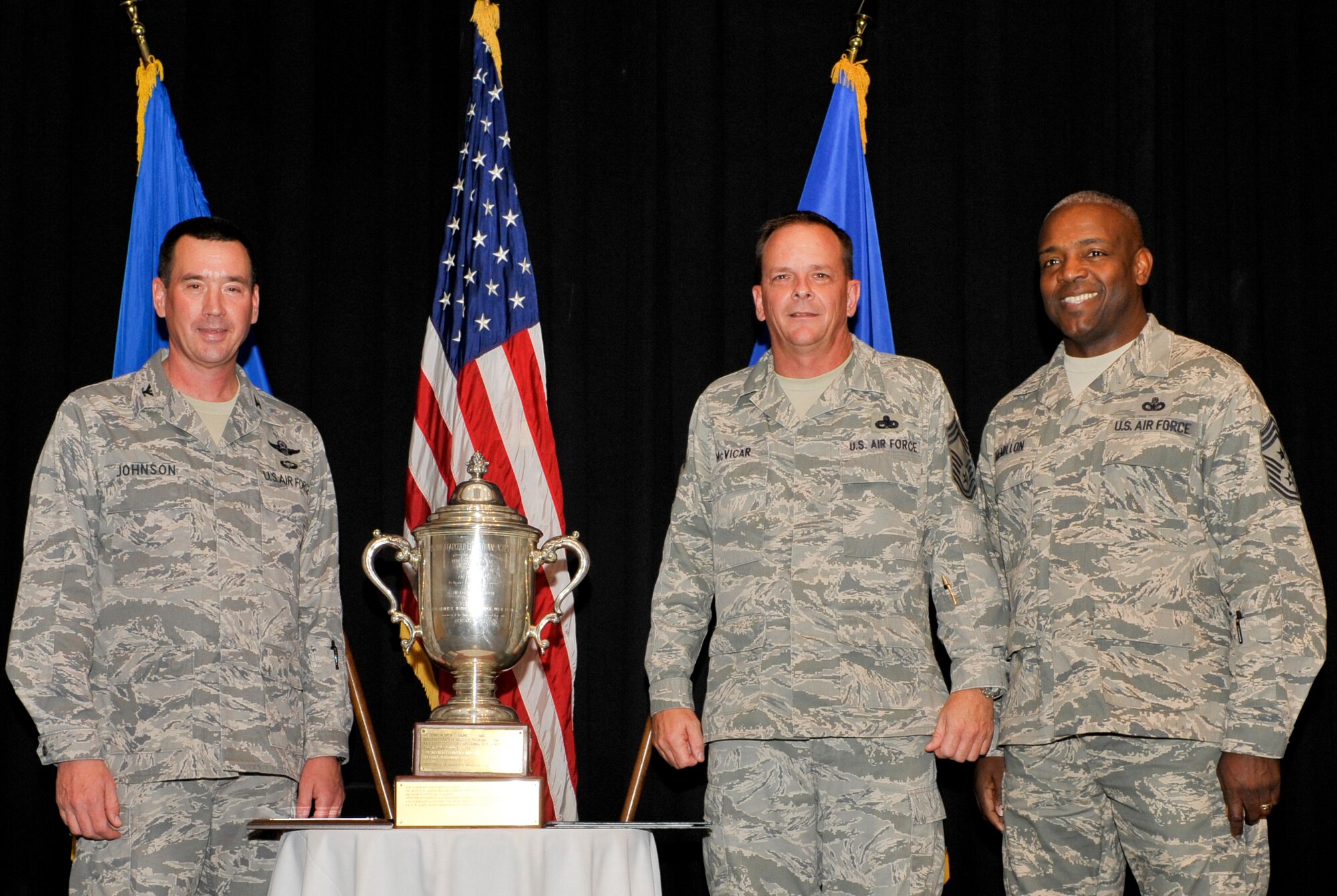 Barnes Center Commander, Col. Wade Johnson, Airey NCO Academy Commandant, Chief Master Sgt. Malcolm W. McVicar, and Air University Command Chief Master Sergeant, Chief Master Sgt Byre McMillion take part in the 2008 General Muir S. Fairchild Award ceremony Oct. 28 at the Paul W. Airey NCO Academy, Tyndall Air Force Base, Fla. (U.S. Air Force photo by Jonathan Gibson)