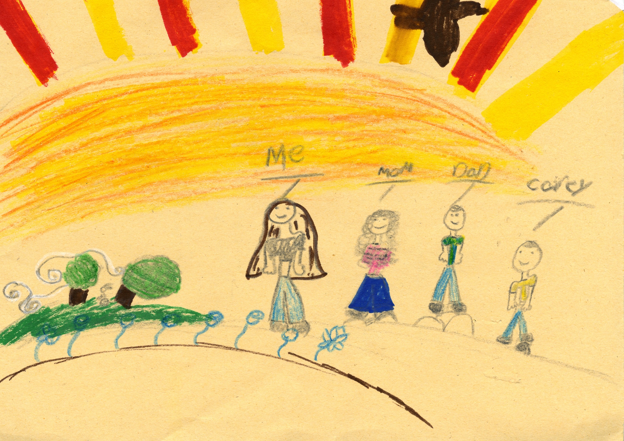 "My Military Family" artwork by Dakoda Cobb, 7. Dakoda won first place for the 7 to 12 age category in the art and essay contest during the month of the Military Family. Depicted in the artwork is her military family.