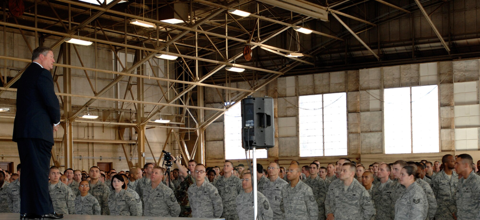 Airmen gather to listen to the Secretary of the Air Force, Michael Donley, as he addresses the Air Force's top priorities at Luke Air Force Base, Nov. 18. Topics discussed included retirement of legacy fighters (F-16s), the Joint Strike Fighter F-35 short list, operations in Afghanistan and Iraq and Luke's modern day heroes. (U.S. Air Force photo by Staff Sgt. Gary Mathieson) 