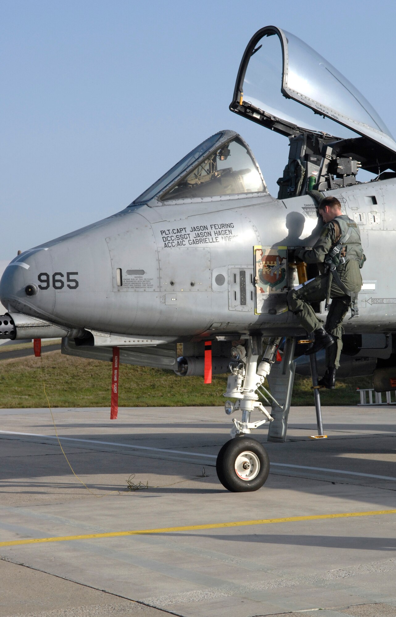 SPANGDHALEM AIR BASE, Germany – Capt. Gary Moore, 52nd Operations Group executive officer and A-10 Thunderbolt II pilot, exits his aircraft after an initial post-flight inspection Nov. 20. Airmen then backed the A-10 into Hardened Aircraft Shelter 2 to conduct a more thorough inspection and aircraft regeneration. The A-10 was part of a six-ship flying formation that flew to a simulated deployed location during Operation Saber Crown 10-02. (U.S. Air Force photo/Senior Airman Kali L. Gradishar)
