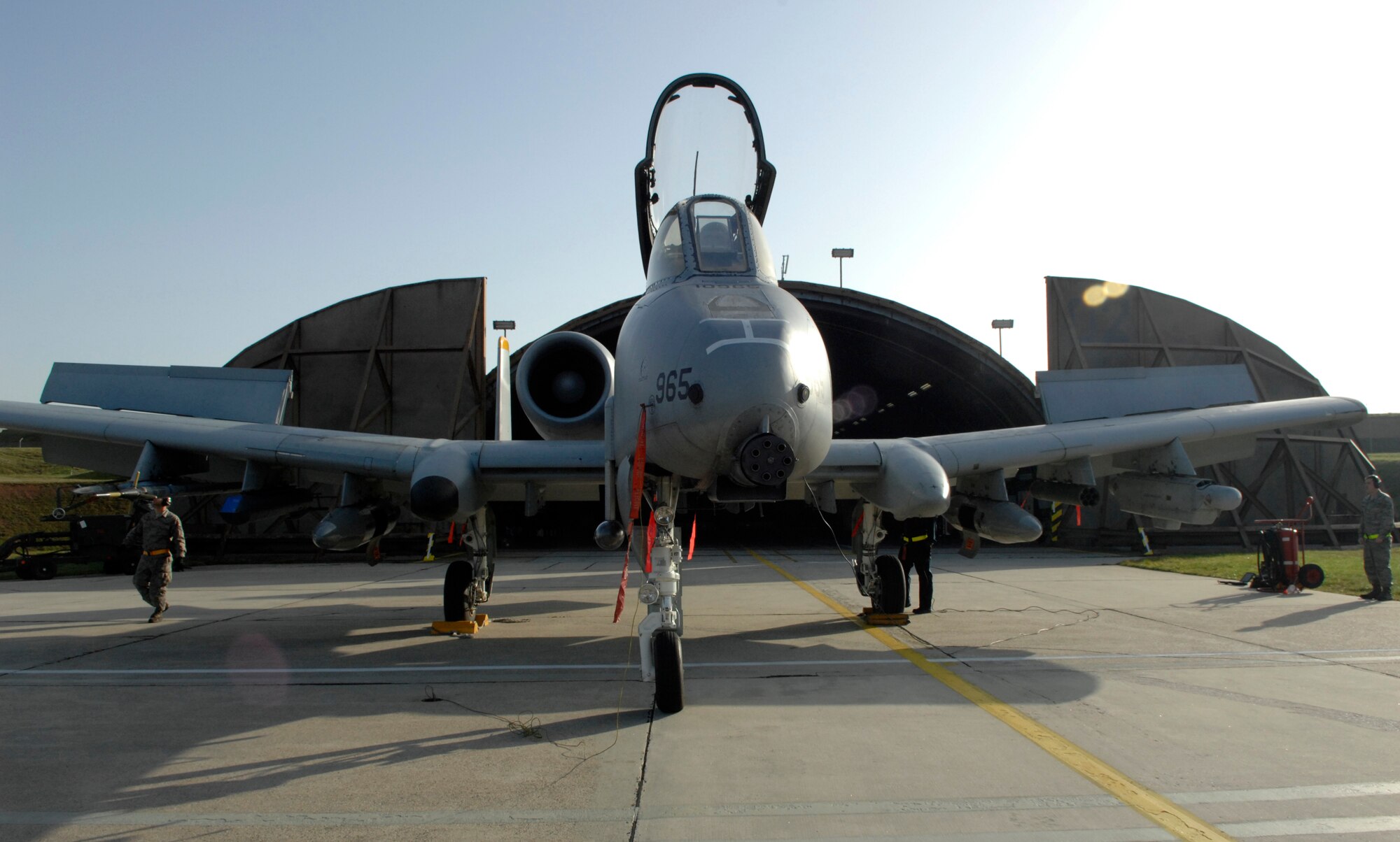 SPANGDHALEM AIR BASE, Germany – An A-10 Thunderbolt II sits in front of Hardened Aircraft Shelter 2 prior to a post-flight inspection here Nov. 20. The A-10 was part of a six-ship flying formation that flew to a simulated deployed location during Operation Saber Crown 10-02. (U.S. Air Force photo/Senior Airman Kali L. Gradishar)