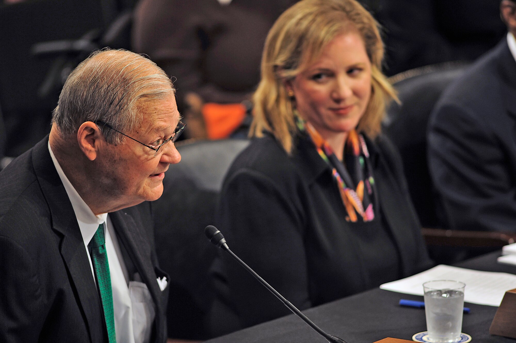 Erin Conaton, nominee for undersecretary of the Air Force, listens while Rep. Ike Skelton, D-Mo., introduces her to members of the Senate Committee on Armed Services during a hearing Nov. 19, 2009, on Capitol Hill.  Ms. Conaton has been the staff director of the House Armed Services Committee since 2001, serving as the primary adviser to Rep. Skelton.  (U.S. Air Force photo/Scott M. Ash)
