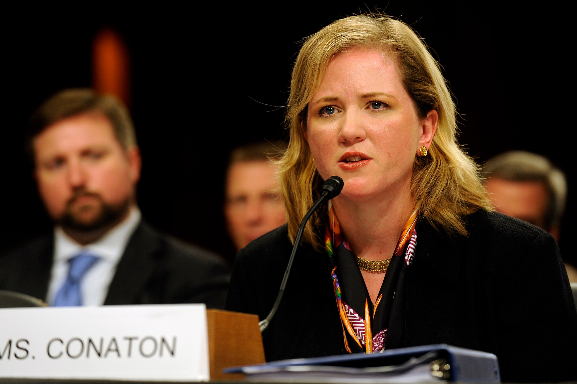 Erin Conaton, nominee for undersecretary of the Air Force, answers a question during a Senate Committee on Armed Services hearing Nov. 19, 2009, on Capitol Hill.  Committee members told Ms. Conaton that they expect to see continued progress by the Air Force in acquisition, modernization and other Air Force issues.  (U.S. Air Force photo/Scott M. Ash)
