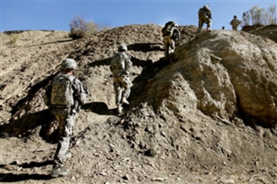 U.S. and Afghan soldiers walk from Combat Outpost Munoz towards the district center to attend a meeting with local leaders to address regional concerns in Paktika province, Afghanistan, Nov. 13, 2009. The U.S. soldiers are assigned to Company B, 3rd Battalion, 509th Infantry Regiment.