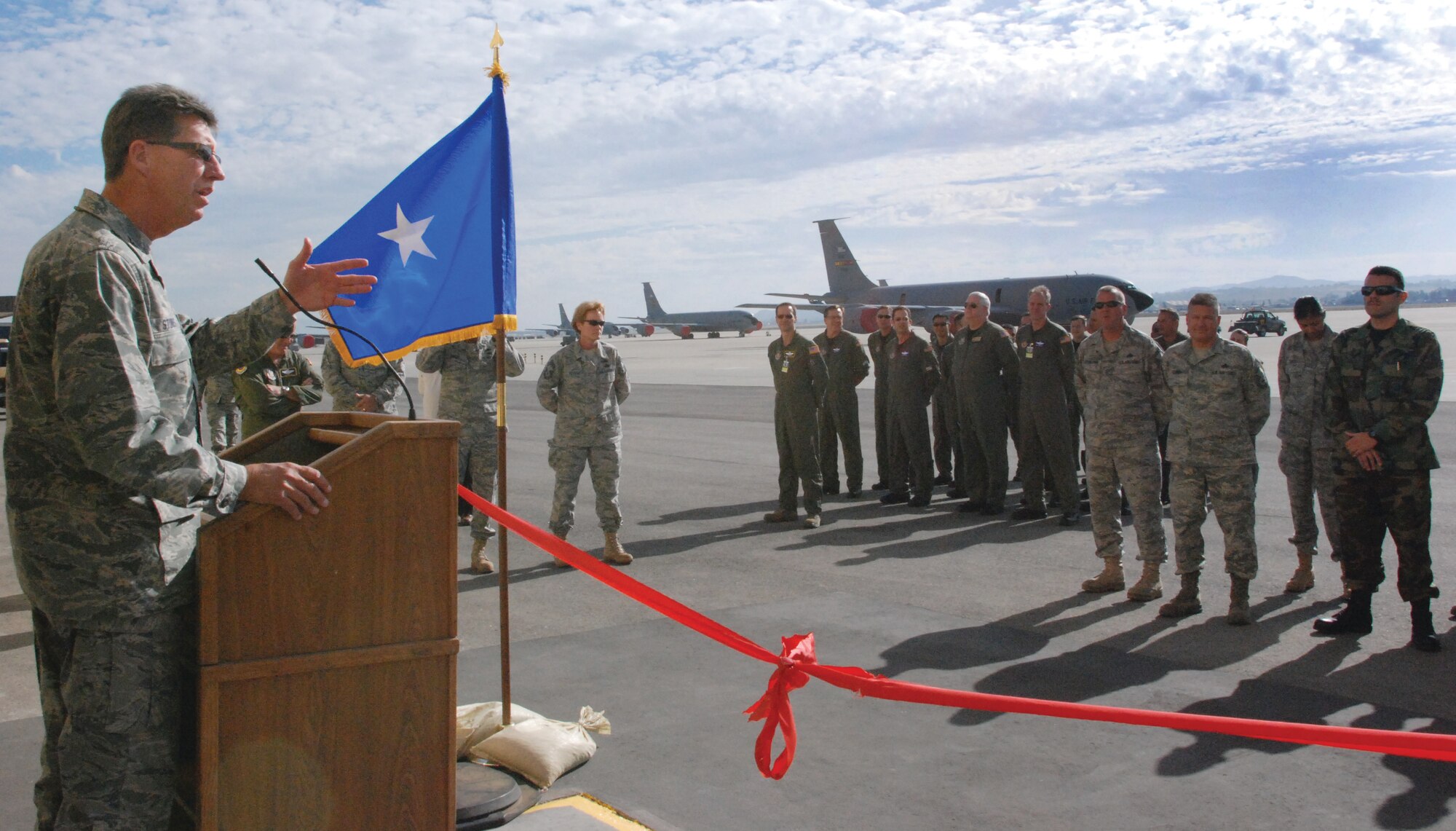 Col. Robert Stormes addresses the crowd during his remarks at the ribbon cutting ceremony.  (U.S. Air Force photo by Megan Just)