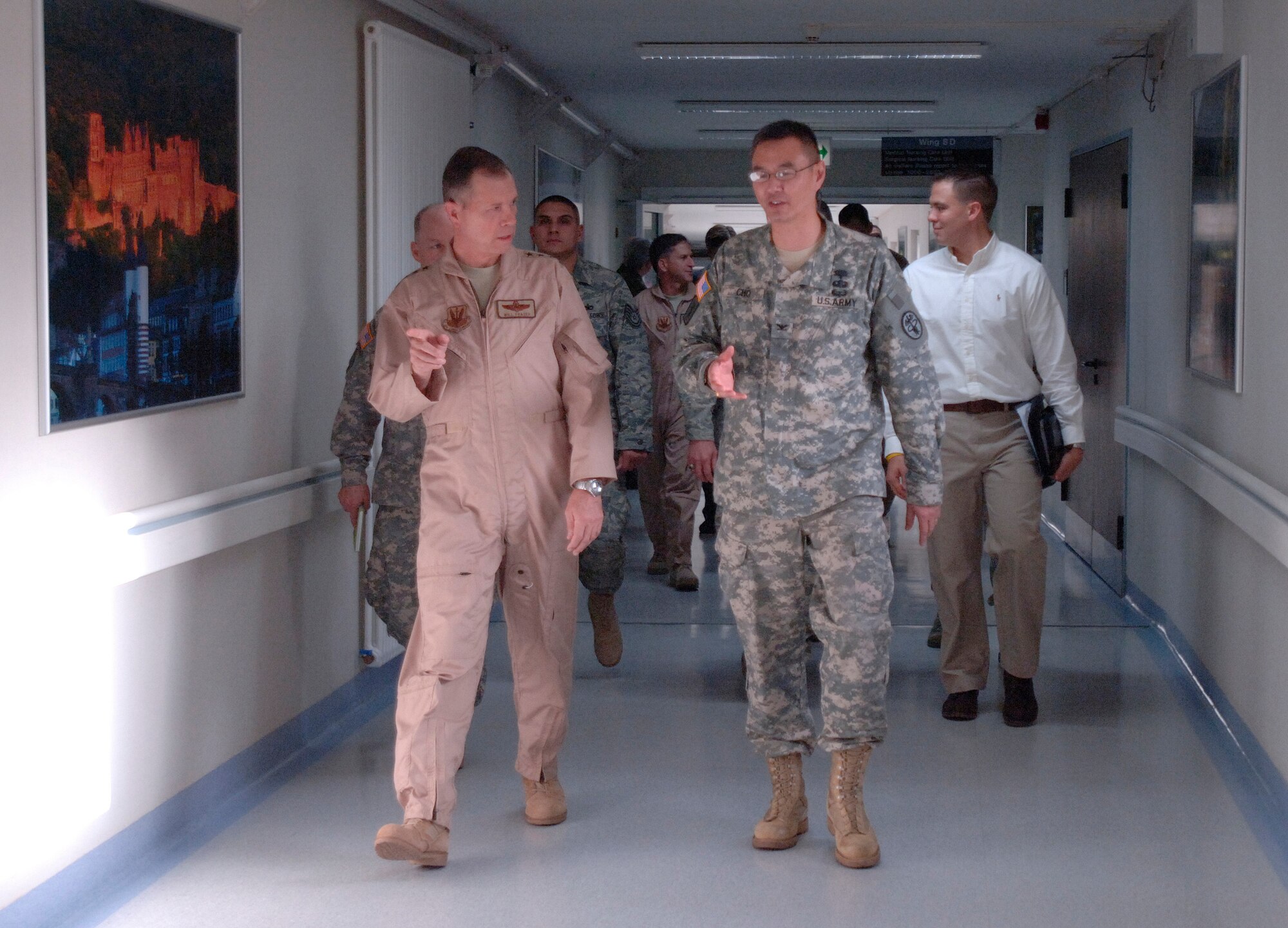 Commander of Air Combat Command, Gen. William M. Fraser III, (left) visits Landstuhl Regional Medical Center, Nov. 20, where he met hospital commander, U.S. Army Col. John Cho (right), who led a tour visiting hospital staff and wounded U.S. and coalition servicemembers. Since 2004, the hospital has treated more than 58,000 wounded U.S. and coalition servicemembers and civilians injured in Iraq and Afghanistan. (Photo: Master Sgt. Scott Wagers/Defense Media Activity Ramstein)