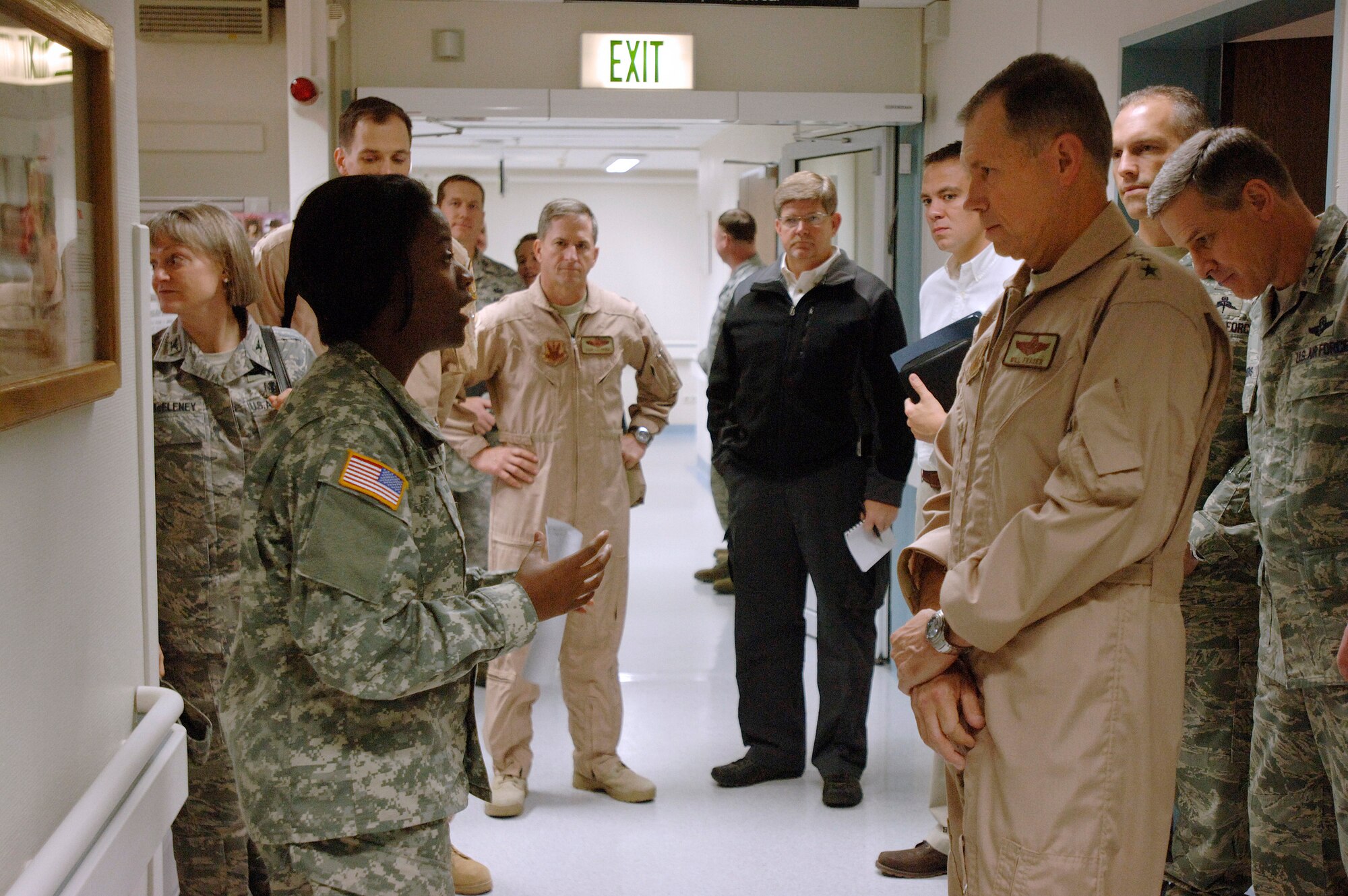Commander of Air Combat Command, Gen. William M. Fraser III, visits Landstuhl Regional Medical Center, Nov. 20, where he is briefed by charge nurse, U.S. Army Capt. Ebony Peterman, who led a tour through the hospital's 8D Surgical Ward to visit wounded U.S. and coalition service members. Since 2004, the hospital has treated more than 58,000 wounded U.S. and coalition servicemembers and civilians injured in Iraq and Afghanistan. (Photo: Master Sgt. Scott Wagers/Defense Media Activity Ramstein)