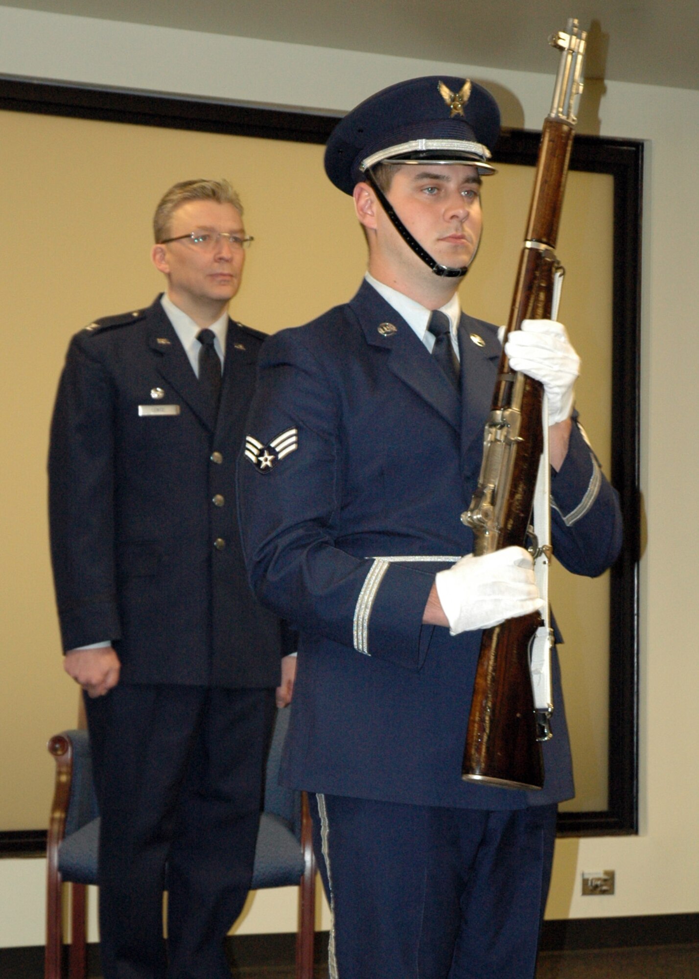 Col. Christopher W. Lentz looks on during an assumption of command ceremony held in his honor on Sunday. Col. Lentz will command the 315th AMDS here at Charleston Air Force Base, S.C. (U.S. Air Force photo/Tech. Sgt. Jeff Kelly) 
