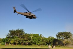 ILOPANGO, El Salvador – A UH-60 Blackhawk, assigned to Joint Task Force-Bravo, lifts off after dropping off personnel and supplies Nov. 20 in San Diego, El Salvador. JTF-Bravo Medical Element performed a Medical Civil Action Program, or MEDCAP, from Nov. 19 to 23 treating 2,987 people in several different cities affected by the El Salvador mudslides. A team of 10 MEDEL personnel along with the El Salvador’s Ministry of Health personnel and local physicians conducted the MEDCAP for the benefit of Salvadorans in the cities of Guadalupe, San Diego, San Emigdio and Las Isetas -- the cities that were most affected by the flooding that began Nov. 8 (U.S. Air Force photo/Staff Sgt. Chad Thompson).