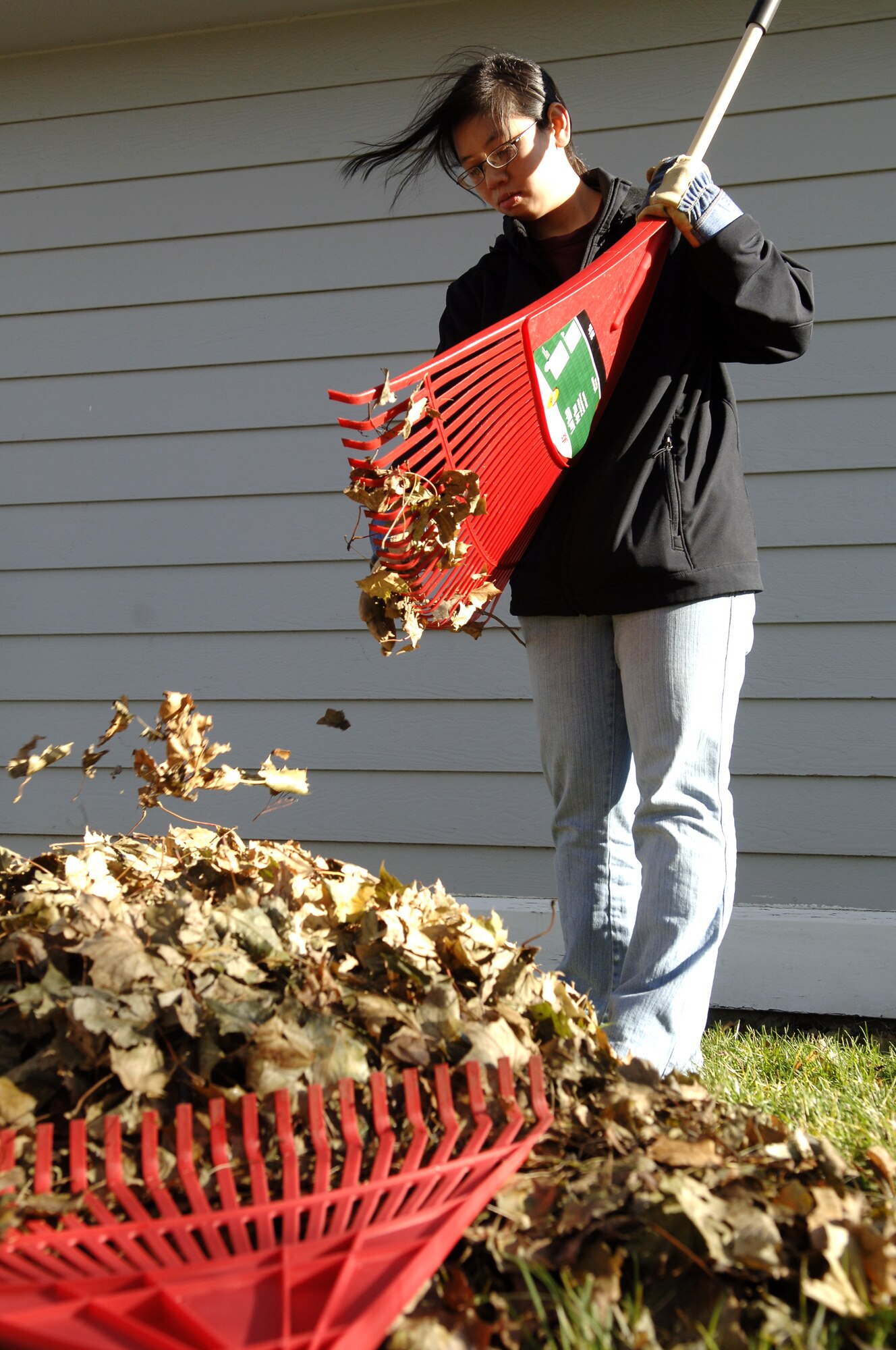 FAIRCHILD AIR FORCE BASE, Wash. – Airman 1st Class Jianna Goto, 92nd Logistic Readiness Squadron, gathers leaves from her rake here Nov. 7 as she rakes the yard of a for a spouse of deployed Airmen. (U.S. Air Force Photo/ Airman 1st Class Natasha E. Stannard)