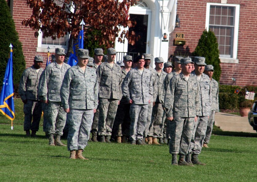 Air Mobility Command Airmen stand in formation during the AMC change of command ceremony on Nov. 20, 2009, at Scott Air Force Base, Ill.  During the ceremony, Gen. Raymond E. Johns took command of AMC. (U.S. Air Force Photo/Tech. Sgt. Scott T. Sturkol)