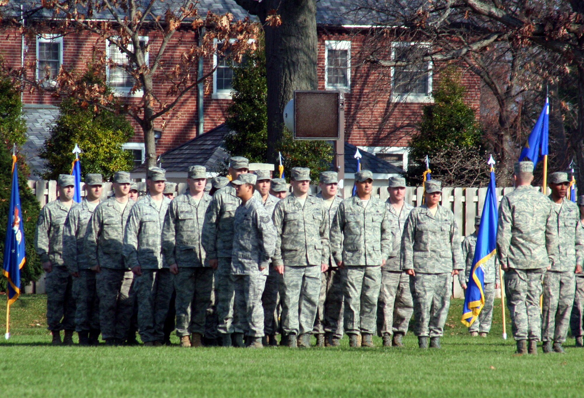 Air Mobility Command Airmen stand in formation during the AMC change of command ceremony on Nov. 20, 2009, at Scott Air Force Base, Ill.  During the ceremony, Gen. Raymond E. Johns took command of AMC. (U.S. Air Force Photo/Tech. Sgt. Scott T. Sturkol)