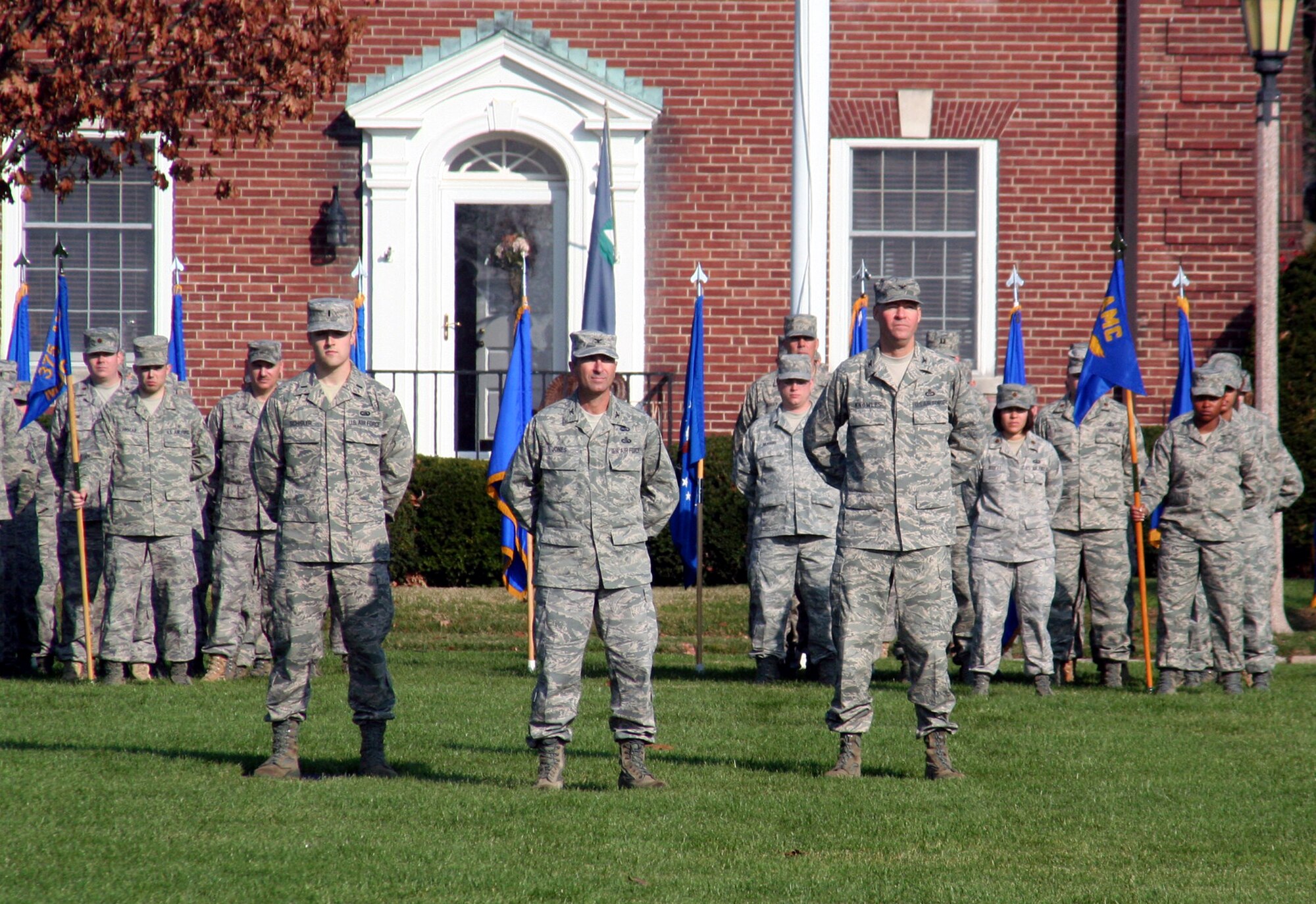 Air Mobility Command Airmen stand in formation during the AMC change of command ceremony on Nov. 20, 2009, at Scott Air Force Base, Ill.  During the ceremony, Gen. Raymond E. Johns took command of AMC. (U.S. Air Force Photo/Tech. Sgt. Scott T. Sturkol)
