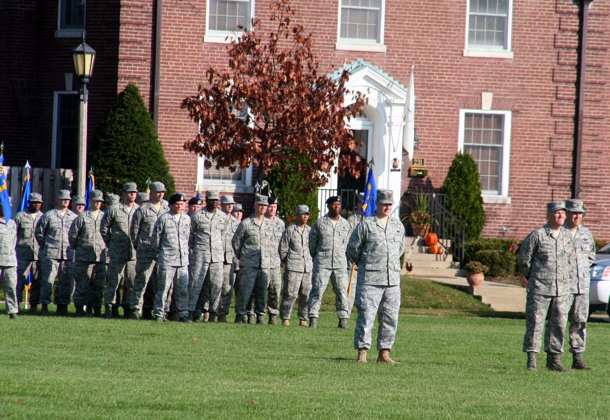 Air Mobility Command Airmen stand in formation during the AMC change of command ceremony on Nov. 20, 2009, at Scott Air Force Base, Ill.  During the ceremony, Gen. Raymond E. Johns took command of AMC. (U.S. Air Force Photo/Tech. Sgt. Scott T. Sturkol)