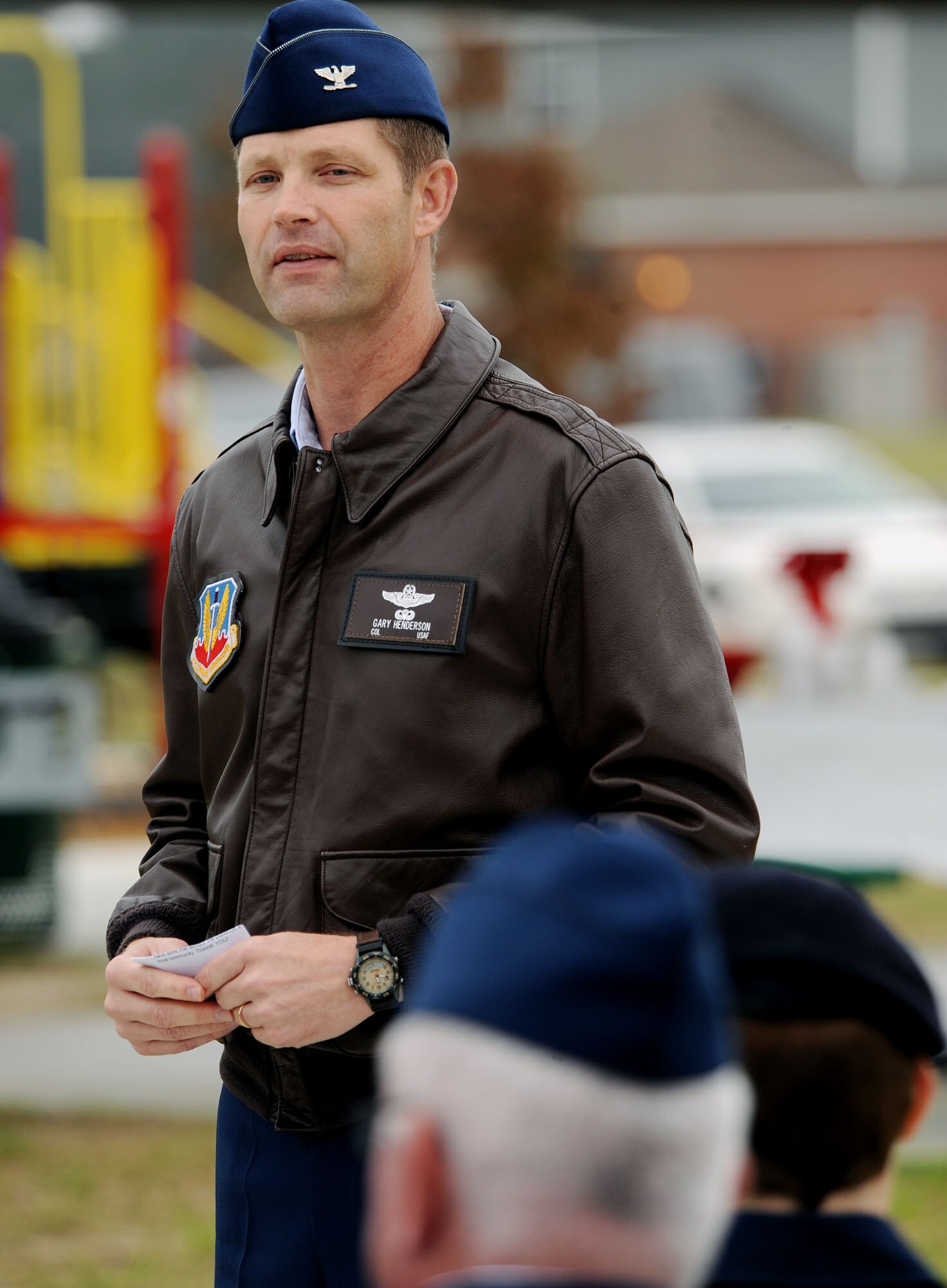 MOODY AIR FORCE BASE, Ga. -- Col. Gary Henderson, 23rd Wing commander, speaks about being a resident of Magnolia Grove during the ribbon cutting event for the new playground at Magnolia Grove housing development here Nov. 23. Colonel Henderson was one of the first Moody members to move into the new housing area and he says he is proud to see the growth of the housing complex. (U.S. Air Force photo by Airman 1st Class Joshua Green)