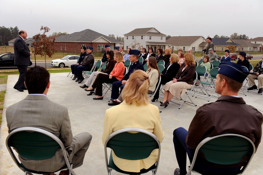 MOODY AIR FORCE BASE, Ga. -- Louis Screws, 23rd Civil Engineer Squadron capital asset manager, speaks to attendees at the ribbon cutting ceremony for the new Magnolia Grove housing development playground here Nov. 23. The ceremony recognized the completion of Magnolia Grove’s new playground. (U.S. Air Force photo by Airman 1st Class Joshua Green)