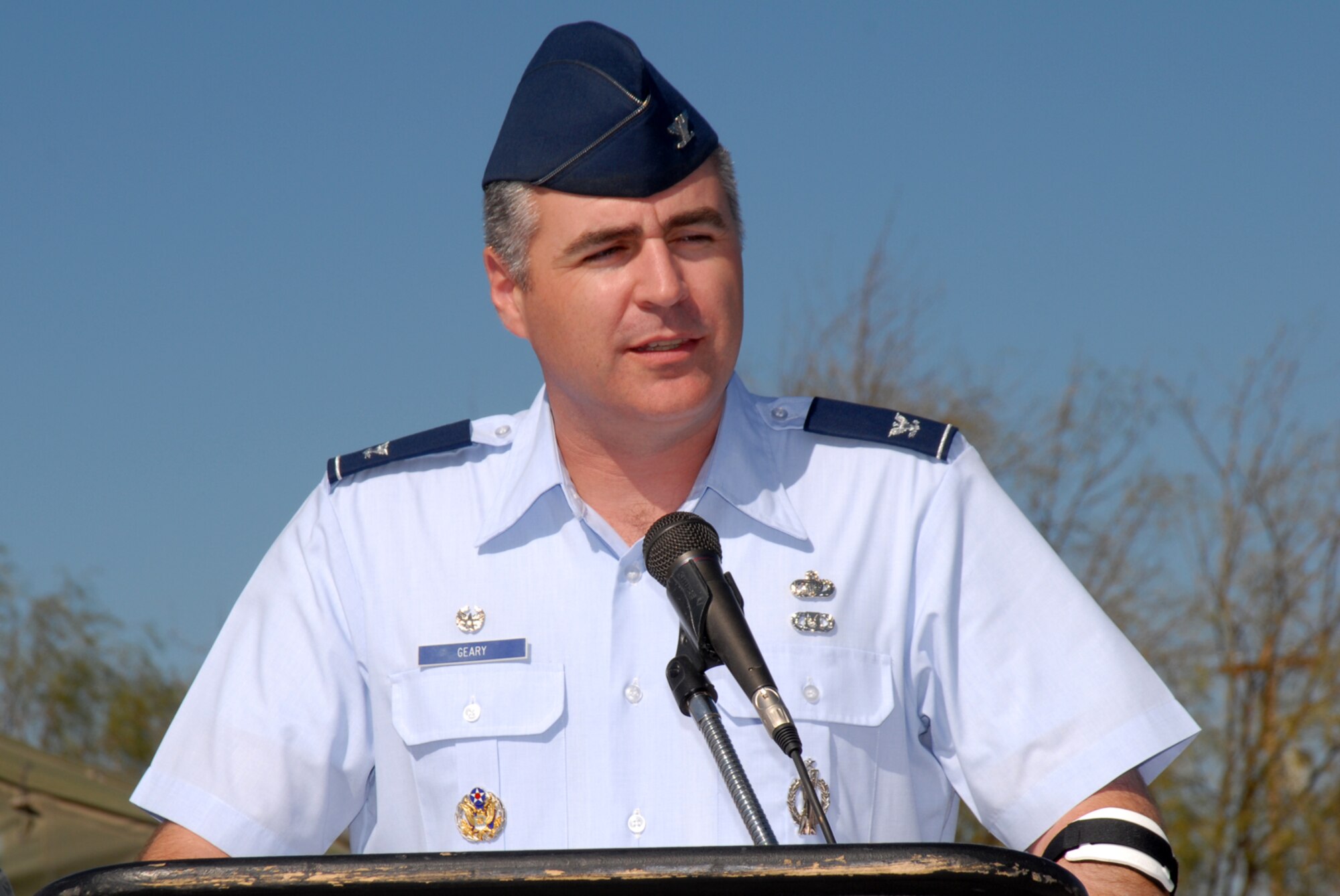GOODFELLOW AIR FORCE BASE, Texas -- Col. Thomas Geary, 17th Training Wing commander, talks about the construction of a new facility at Forward Operating Base Sentinel, Nov. 23, 2009. The new facility will allow for more realistic training in a simulated combat/field environment. (U.S. Air Force photo/Staff Sgt. Laura McFarlane)

