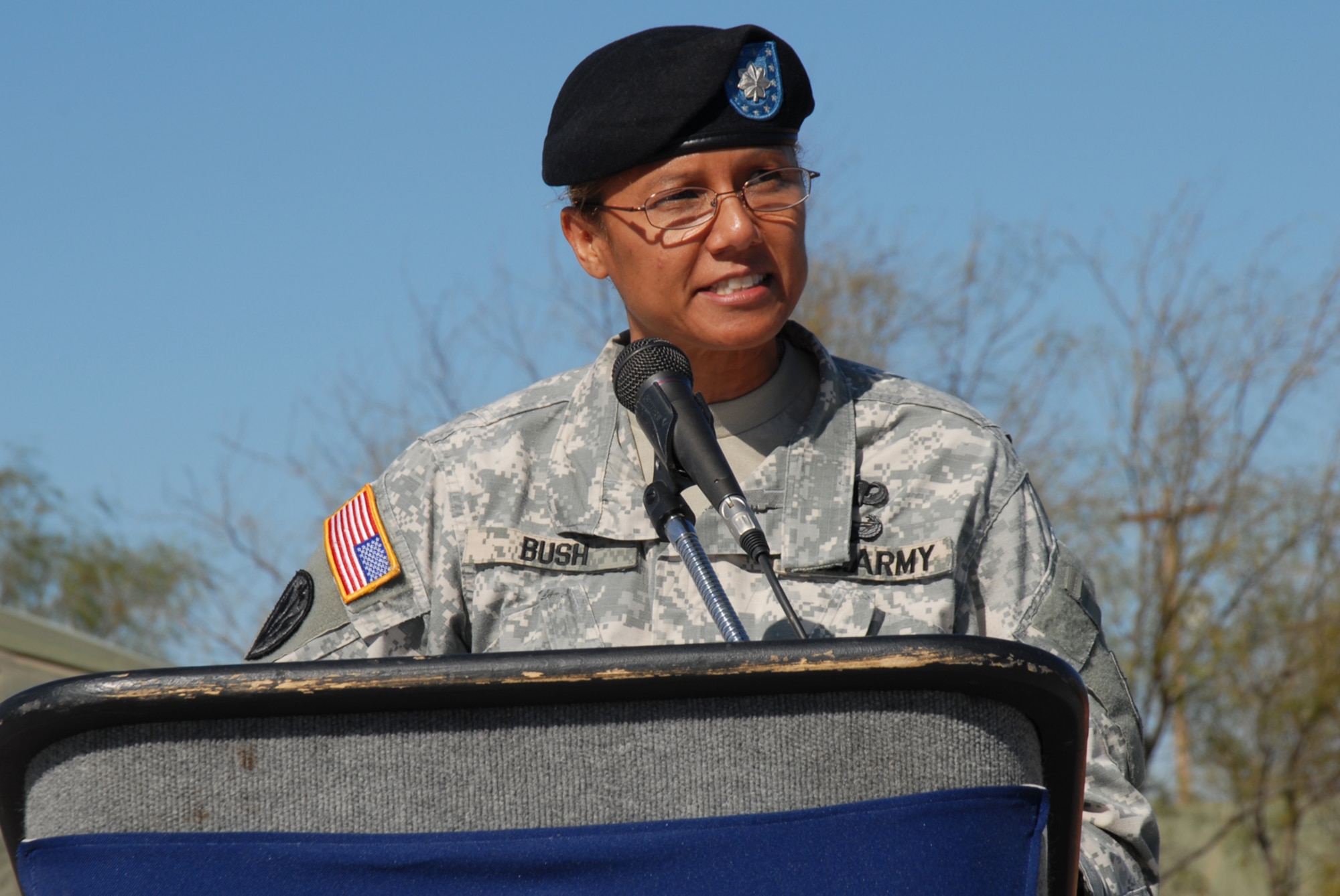 GOODFELLOW AIR FORCE BASE, Texas -- Army Lt. Col. Bichson Bush, 344th Military Intelligence Battalion commander, talks about the construction of a new facility at Forward Operating Base Sentinel, Nov. 23, 2009. The new facility will allow for more realistic training in a simulated combat/field environment. (U.S. Air Force photo/Staff Sgt. Laura McFarlane)

