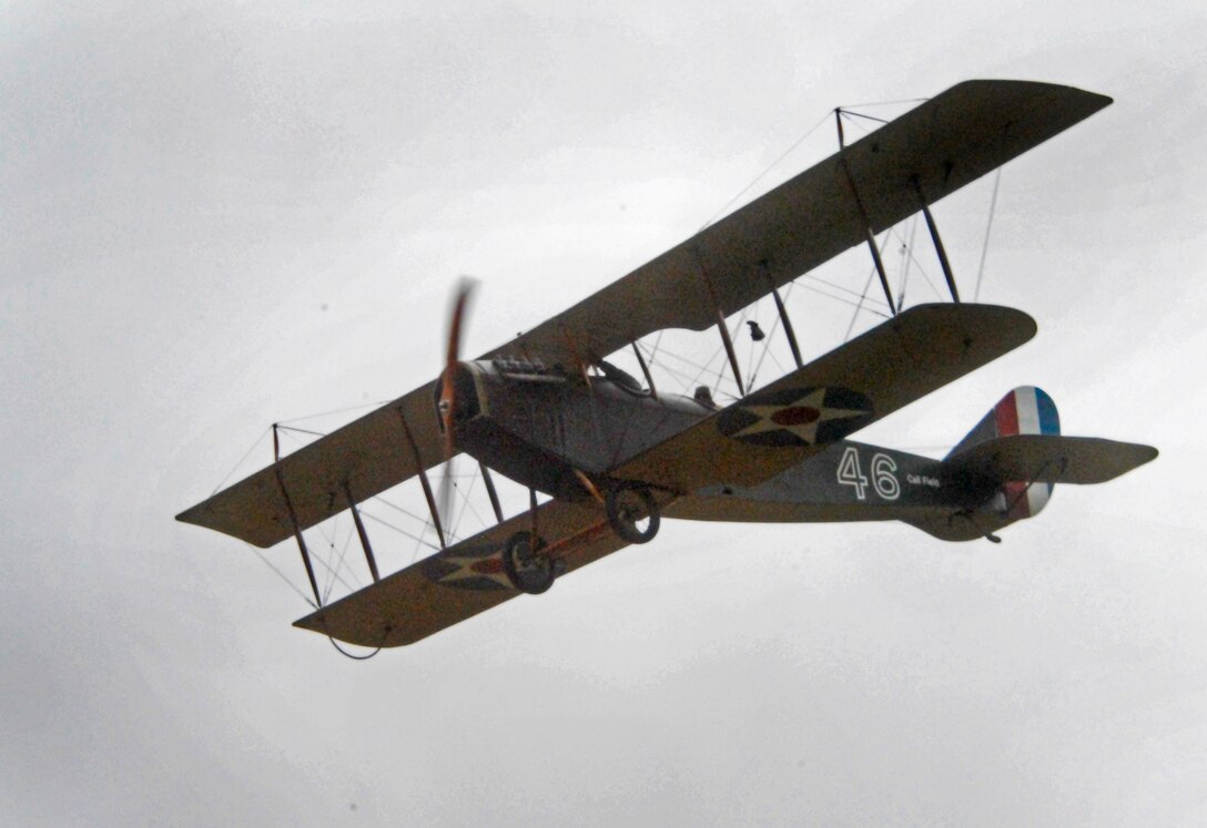 A World War I-era Curtiss JN-4D "Jenny" soars over Kickapoo Airport in Wichita Falls, Texas, Nov. 21, much like they did more than 90 years ago when military aviation first came to North Texas. Brig. Gen. O.G. Mannon, 82nd Training Wing commander, was invited to fly with Tom Danaher, a World War II and Korean War pilot and veteran with more than 23,000 flying hours. (U.S. Air Force photo/Harry Tonemah)