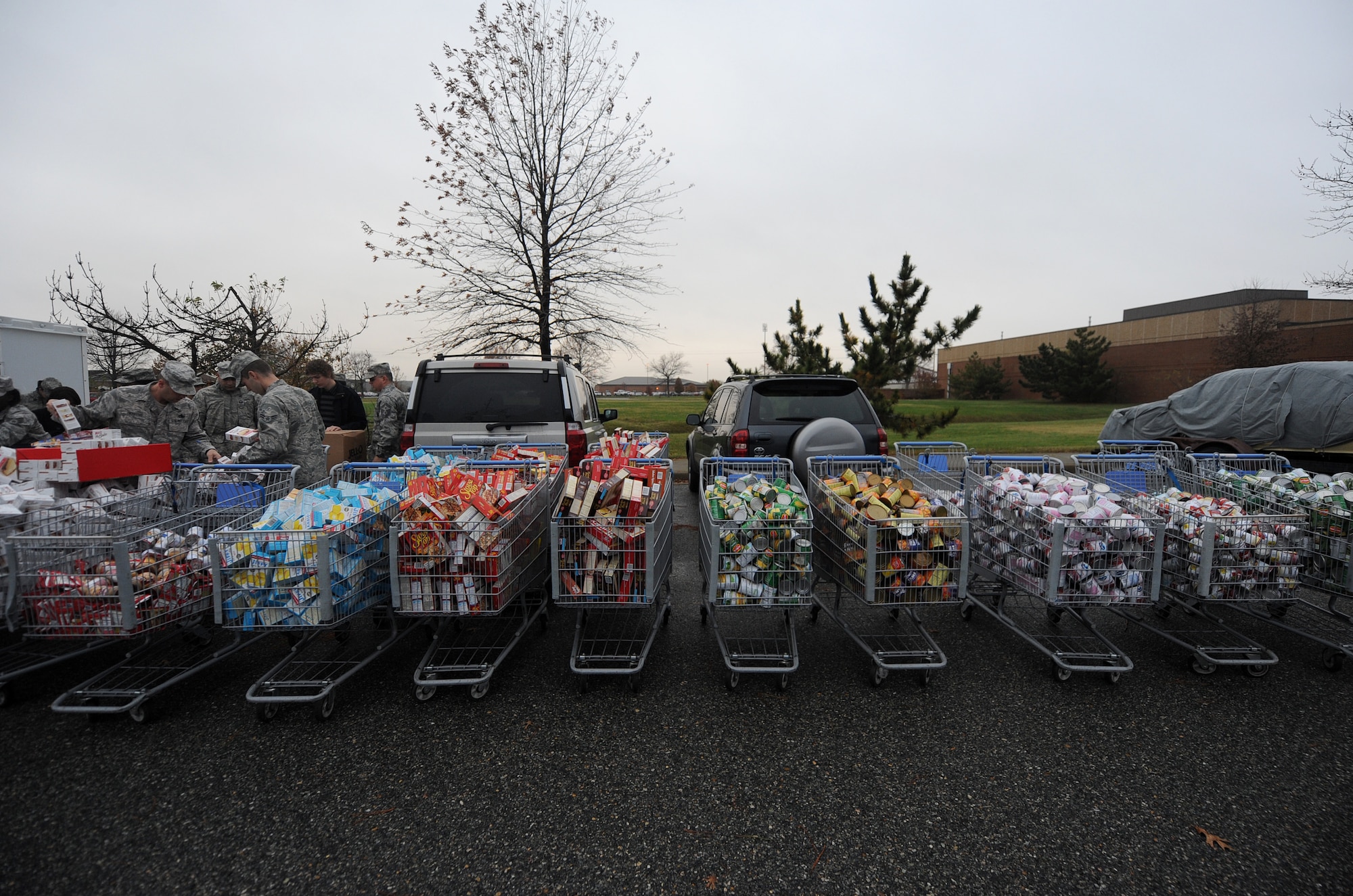 LANGLEY AIR FORCE BASE, Va. – Carts full of Thanksgiving favorites await distribution during Operation Warmheart Nov. 23. Operation Warmheart is a First Sergeants' Association community outreach program designed to support Airmen and their families during the holiday season. (U.S. Air Force photo/Airman Rebecca Montez)
