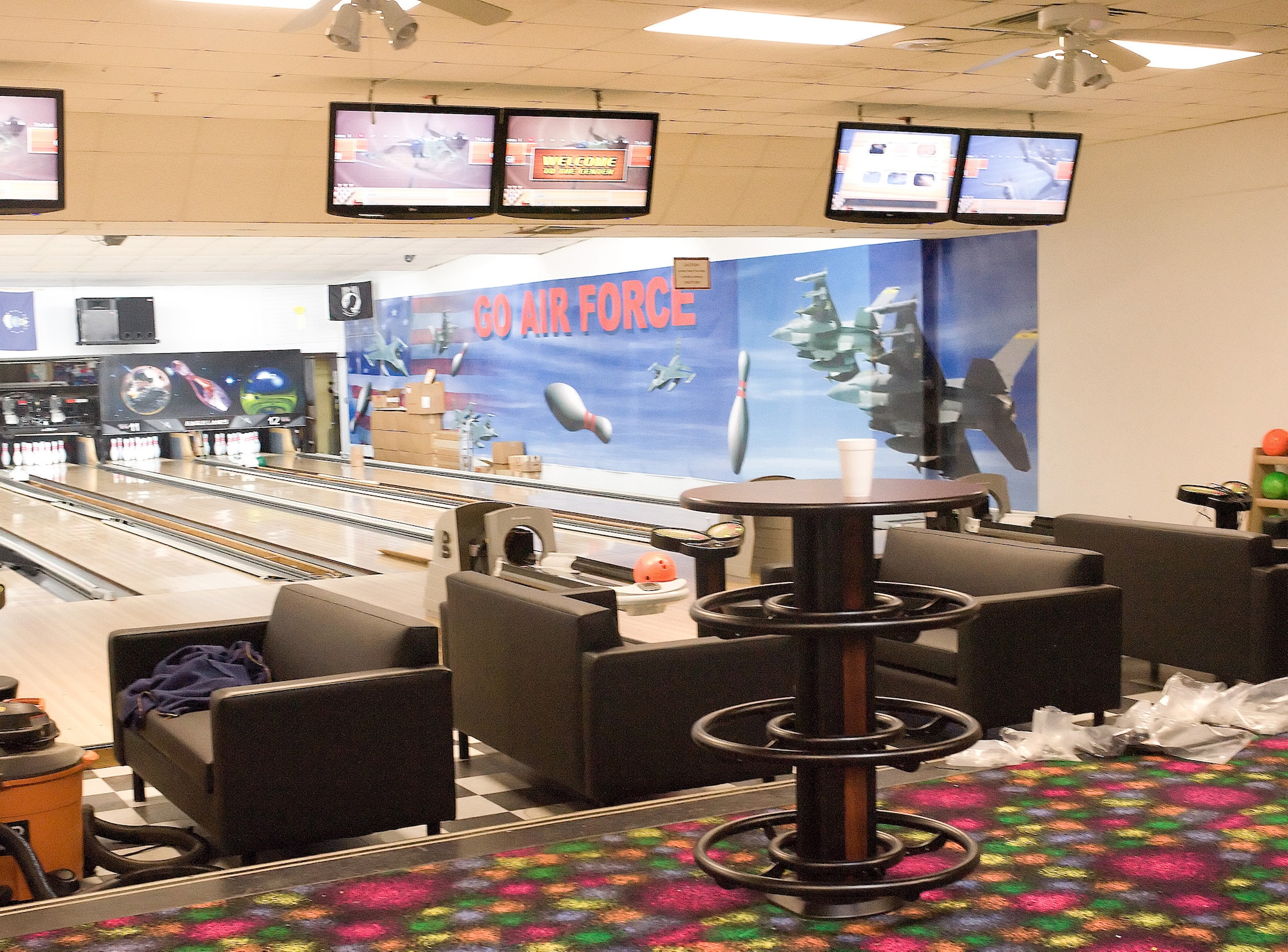 The Eagle Lanes Bowling Center features new flat-screen monitors, ball racks, seating, tables and lane upgrades. The improvements were part of a $250,000 renovation and were completed Nov. 14. (U.S. Air Force photo/ Brianne Zimny)