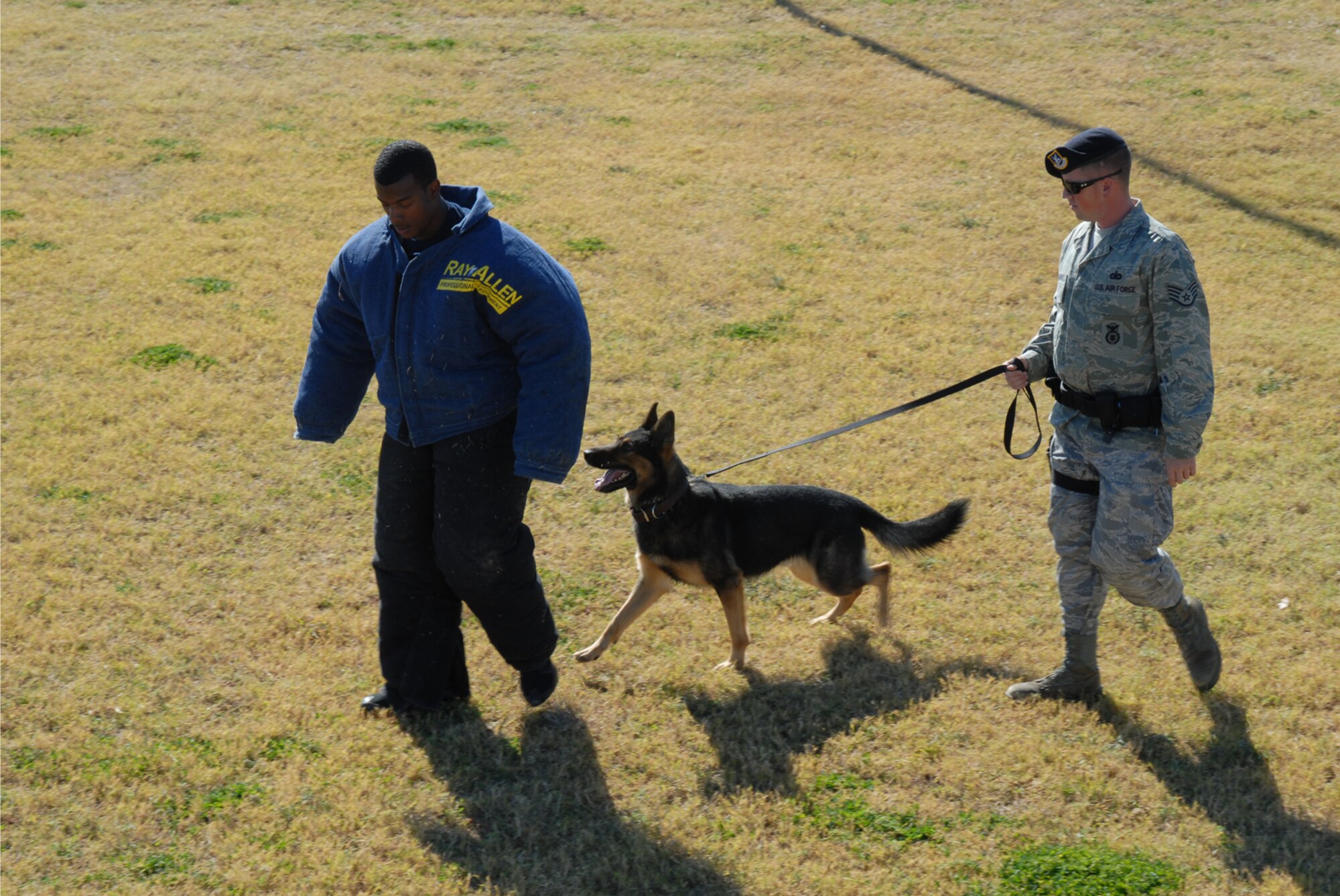 GOODFELLOW AIR FORCE BASE, Texas -- Staff Sgt. Nathanael Meagher, 17th Security Force Squadron, and his military working dog, Spidla, escort a "suspect" around during a demonstration for Community Appreciation Day, Nov. 21, 2009. Other events during the day included firefighting exercises, a live demonstration of military operations in urban terrain, and a bus tour of the base. (U.S. Air Force photo/Staff Sgt. Laura R. McFarlane)
