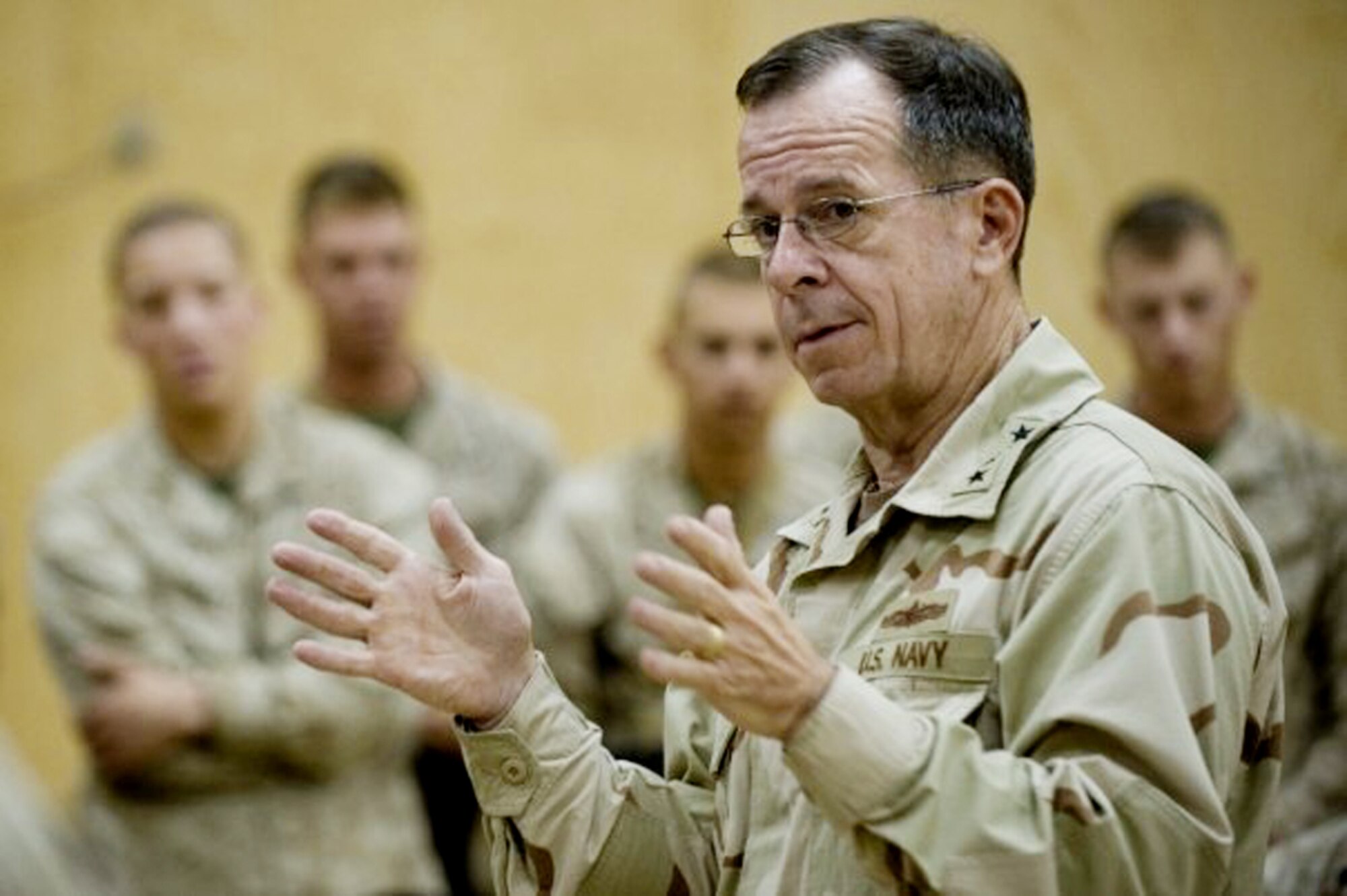 Adm. Mike Mullen, chairman of the Joint Chiefs of Staff, shown here visiting Camp Leatherneck in Afghanistan July 17, 2009, sends his thanks to all military families in honor of their contributions to the nation.  (Defense Department photo/ Petty Officer 1st Class Chad J. McNeeley)